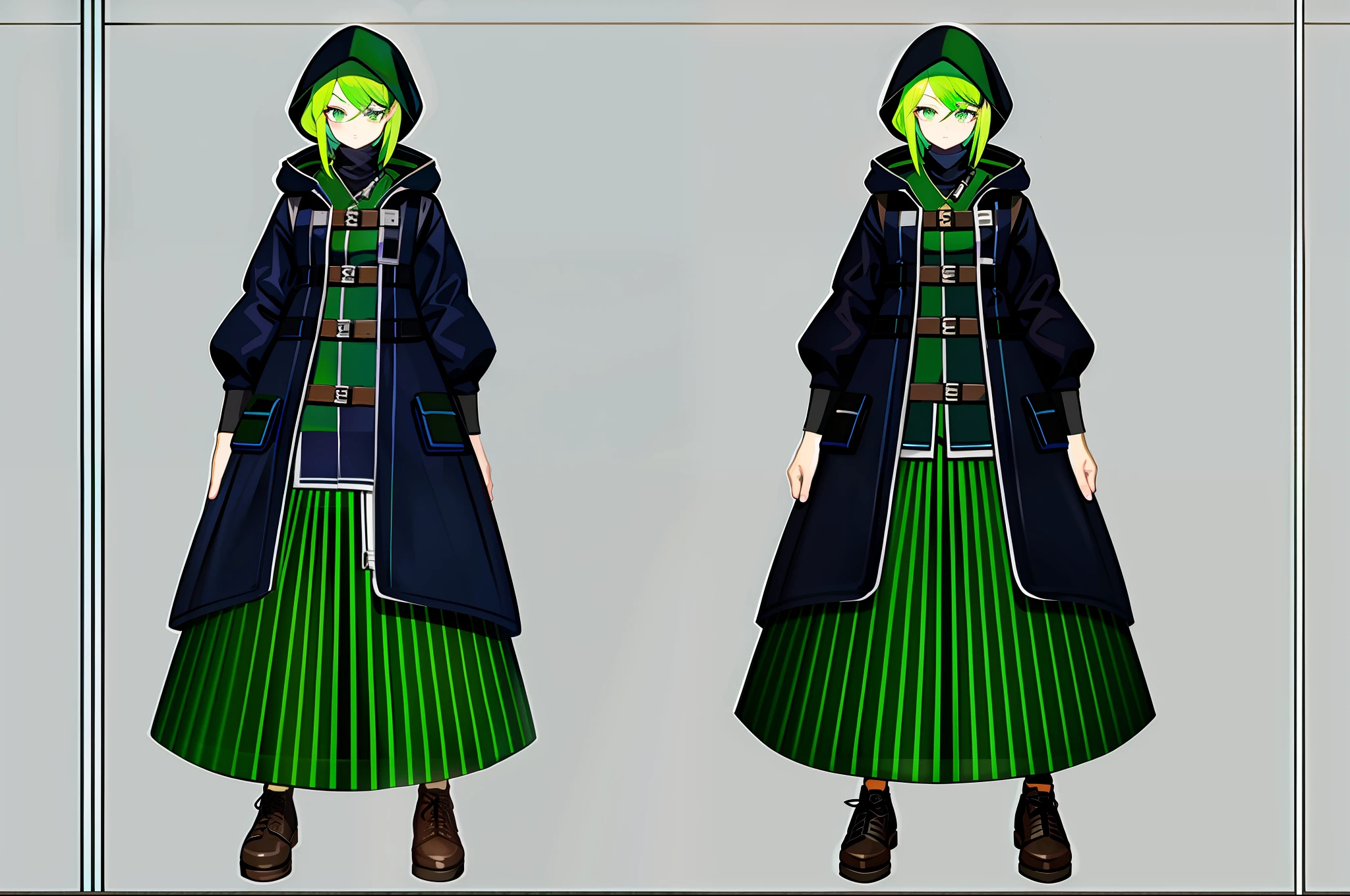 Bank robber girl with dress and poncho dress with lots of pockets green and black color scheme holding whip full body art character concept art anime character sheet wearing mask poncho