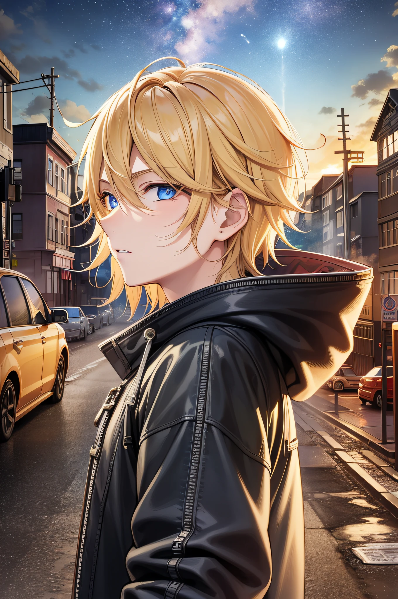 Masterpiece, high quality, absurdes, a guy, blonde hair, detailed eyes and face, blue eyes, handsome face, black hoodie, burning town ruins, abandoned suburban town, meteor shower, at night, chaos, panic, apocalyptic atmosphere, fires everywhere, cracked road, burning flames, hood on head, winged figure in the sky, burning ruined houses, broken walls, burning cars, ashes and dust in the air, tsunami