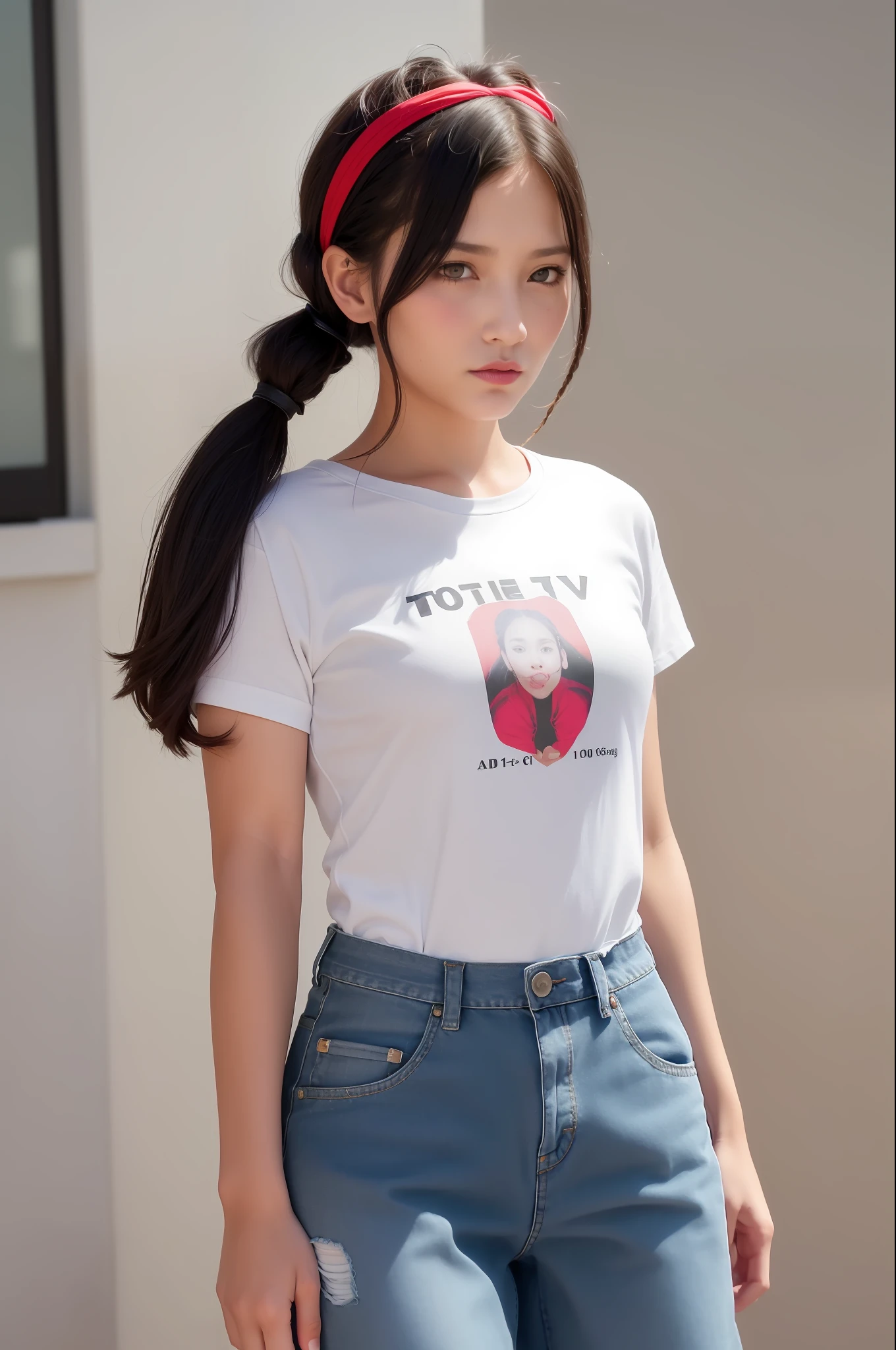 1 girl,(1 18-year-old girl),(upper body),(medium breasts),(realistic:1.7),((best quality)),absurdres,(ultra high res),(photorealistic:1.6),photorealistic,octane render,(hyperrealistic:1.2), (photorealistic face:1.2), (8k), (4k), (Masterpiece),(realistic skin texture), (illustration, cinematic lighting,wallpaper),( beautiful eyes:1.2),((((perfect face)))),(standing),(looking at viewer:1.2),(cute),(black hair),(braided ponytail:1.1),(bow hairband),(short hair),(printed t-shirt:1.2),(denim shorts:1.1),(red lips:1.1),outdoors,