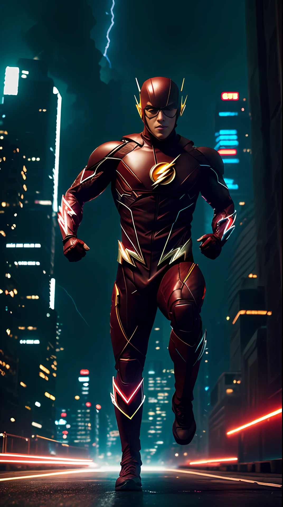 cyberpunk the flash , dark armor, invoked mask,glowing red eyes, bodybuilder, running, in the background a city, lightning in the sky, ultra details, ultra realistic, cinematic , octane render, 16k