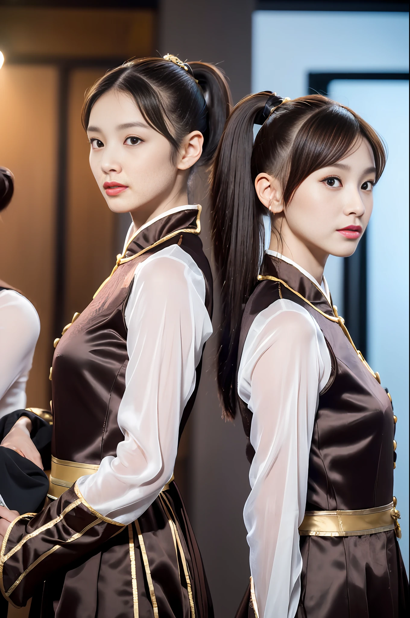 ((Realistic lighting, Best quality, 8K, Masterpiece: 1.3)), Clear focus: 1.2, A girl is a streamer with goods, Beautiful woman with perfect figure: 1.4, ((Dark brown ponytail long hair)), (Tang Dynasty Han costumes: 1.4), (Live broadcast in the live room: 1.8), Super fine face, fine eyes