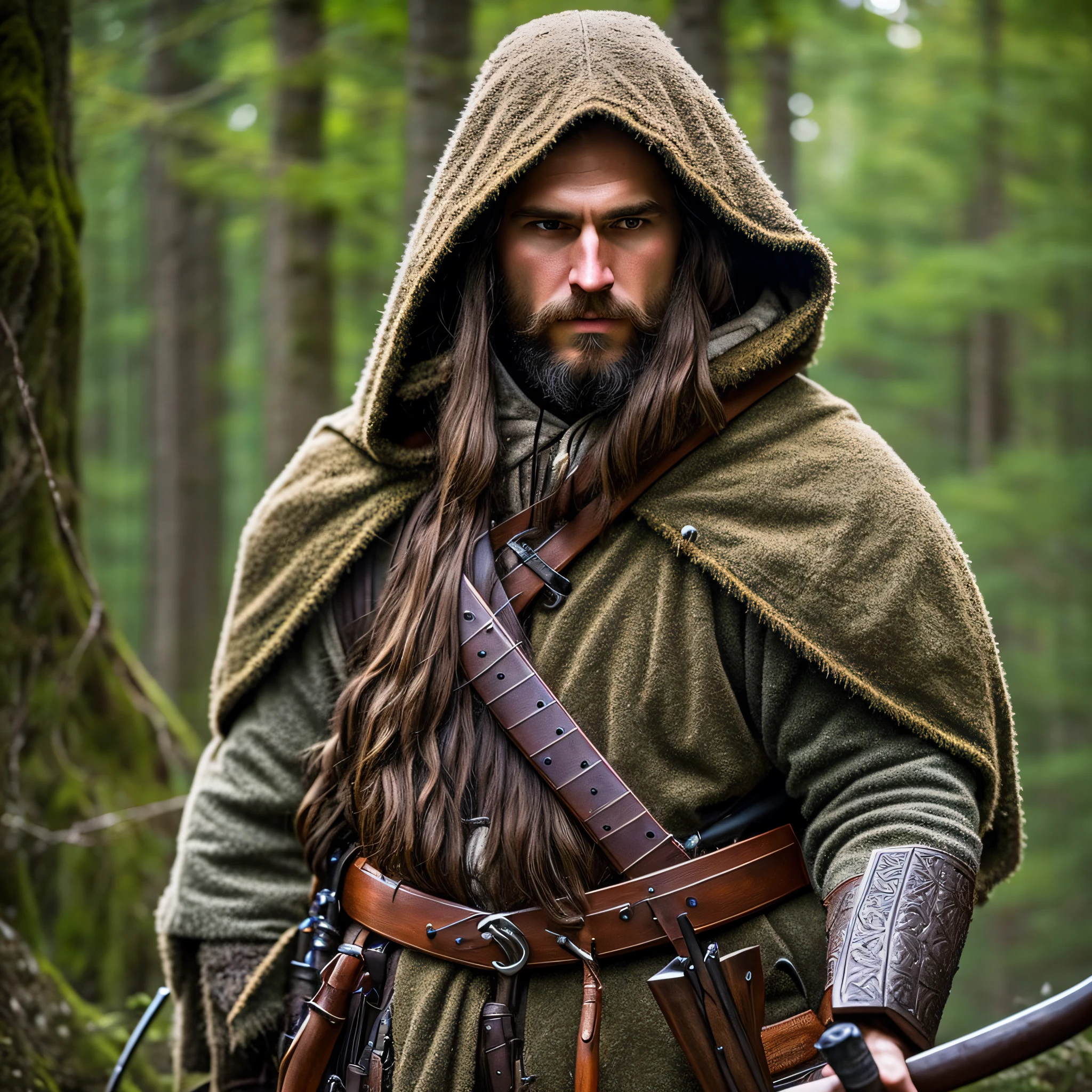 Man, long brown hair, bearded, medieval hunter, in the middle of a dense forest at night, hooded, medieval style, realistic, ultra detailed --auto --s2