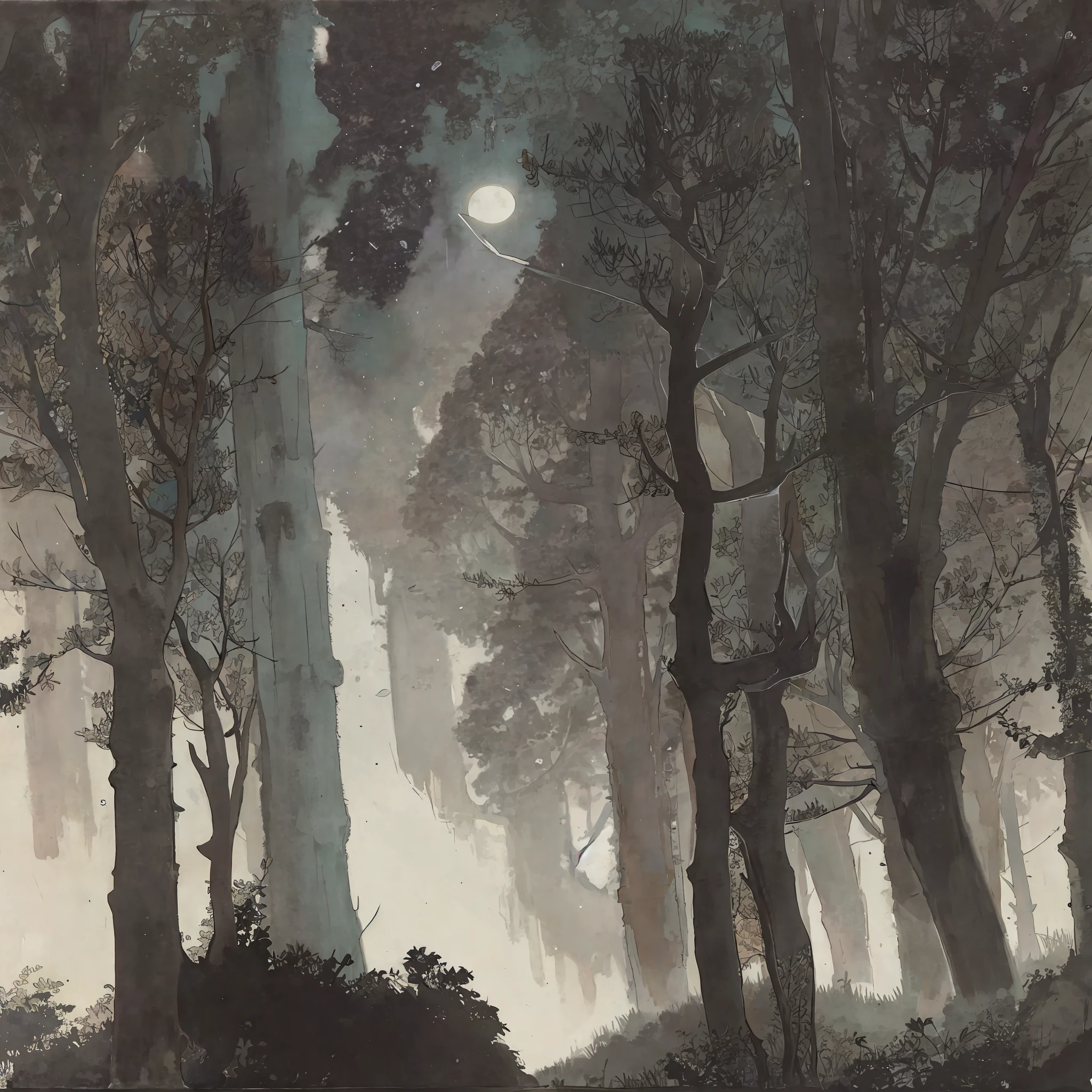 A watercolor painting. There is a moon in the sky, on a dark night. Low light, no glares. Just a natural night. There is a dense forest and a light rain falling. Branches dripping rainwater.