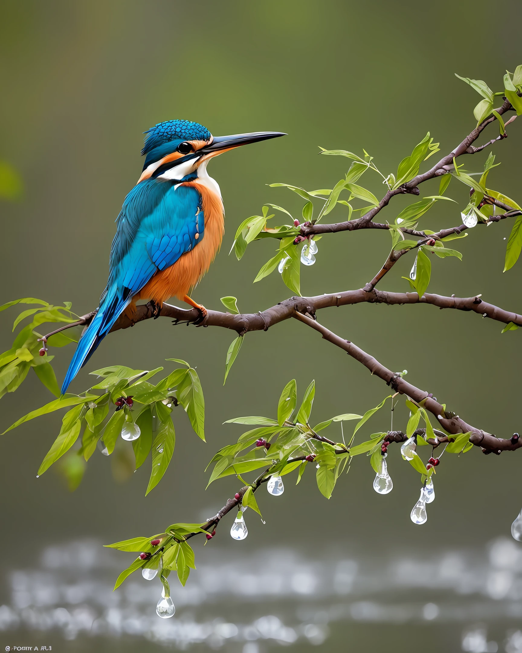 superb kingfisher on a branch near budding white cherry flowers, dark, dawn, (chilly early morning:1.1), (morning dew:1.15), realistic photography, (low-key photograph:1.2), detailed, 8k, intricate ruffled feathers, water droplets on the feathers, (to8contrast style), (mist:0.7), vivid colors, Sony a6600 Mirrorless Camera, embellish2