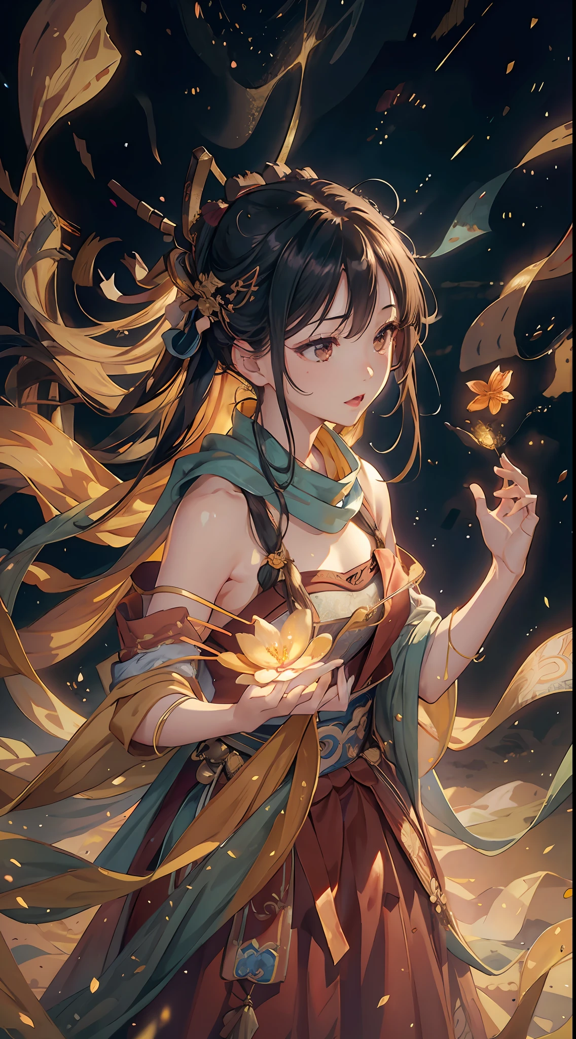 (RAW Photo, Best Quality), (Realistic, Photo Realistic: 1.3), Best Quality, Highly Detailed, Masterpiece, Ultra Detailed, Illustration, 1 Girl, upper_body, Dynamic Angle, World Mastery Theater, messy_long_hair, Best Quality, Extremely Detailed CG Unified 8k Wallpaper, Ink, Amazing, Movie Lights, lens_flare, dunhuang_style, Detailed Face, Beautiful Rendering of Tang Dynasty, (deliberate expression: 1.5), standing in a flower field, (looking up at the starry sky: 1.2), fireflies, floating scarves, Sony master shots