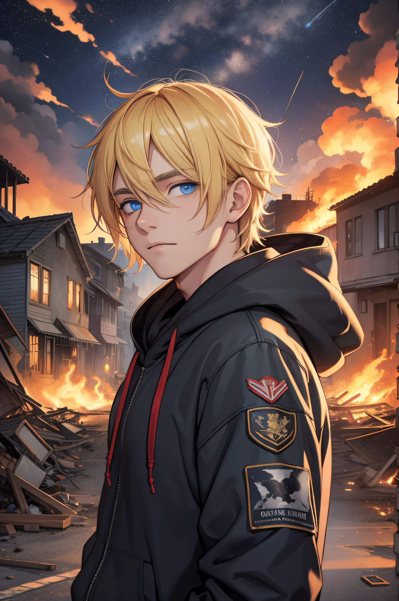 Masterpiece, high quality, absurdes, a guy, blonde hair, detailed eyes and face, blue eyes, handsome face, black hoodie, burning town ruins, abandoned suburban town, meteor shower, at night, chaos, panic, apocalyptic atmosphere, fires everywhere, cracked road, burning flames, hood on head, winged figure in the sky, burning ruined houses, broken walls, burning cars, ashes and dust in the air, tsunami