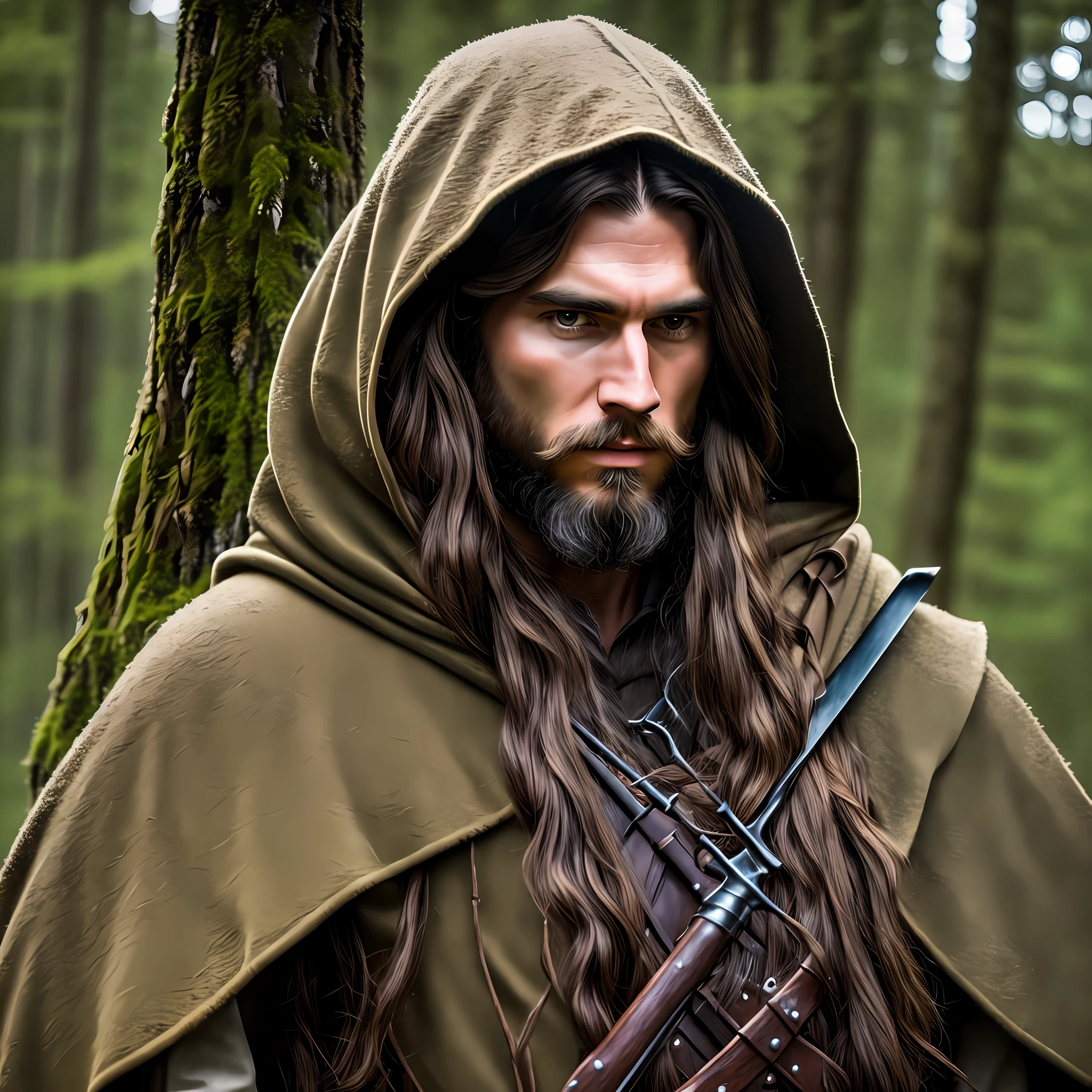 Man, long brown hair, bearded, medieval hunter, in the middle of a dense forest at night, hooded, medieval style, realistic, ultra detailed --auto --s2