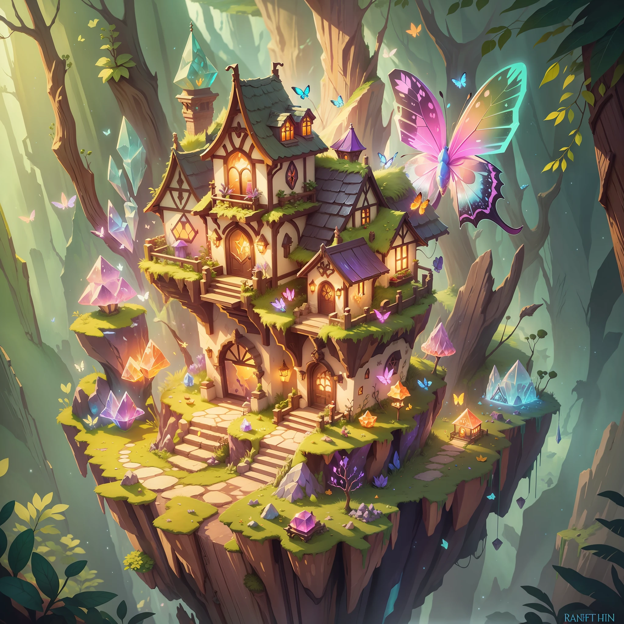 Fantasy world, cliffs, glowing crystals, glowing candy, floating candy house, point of light, fantasy, butterfly flight