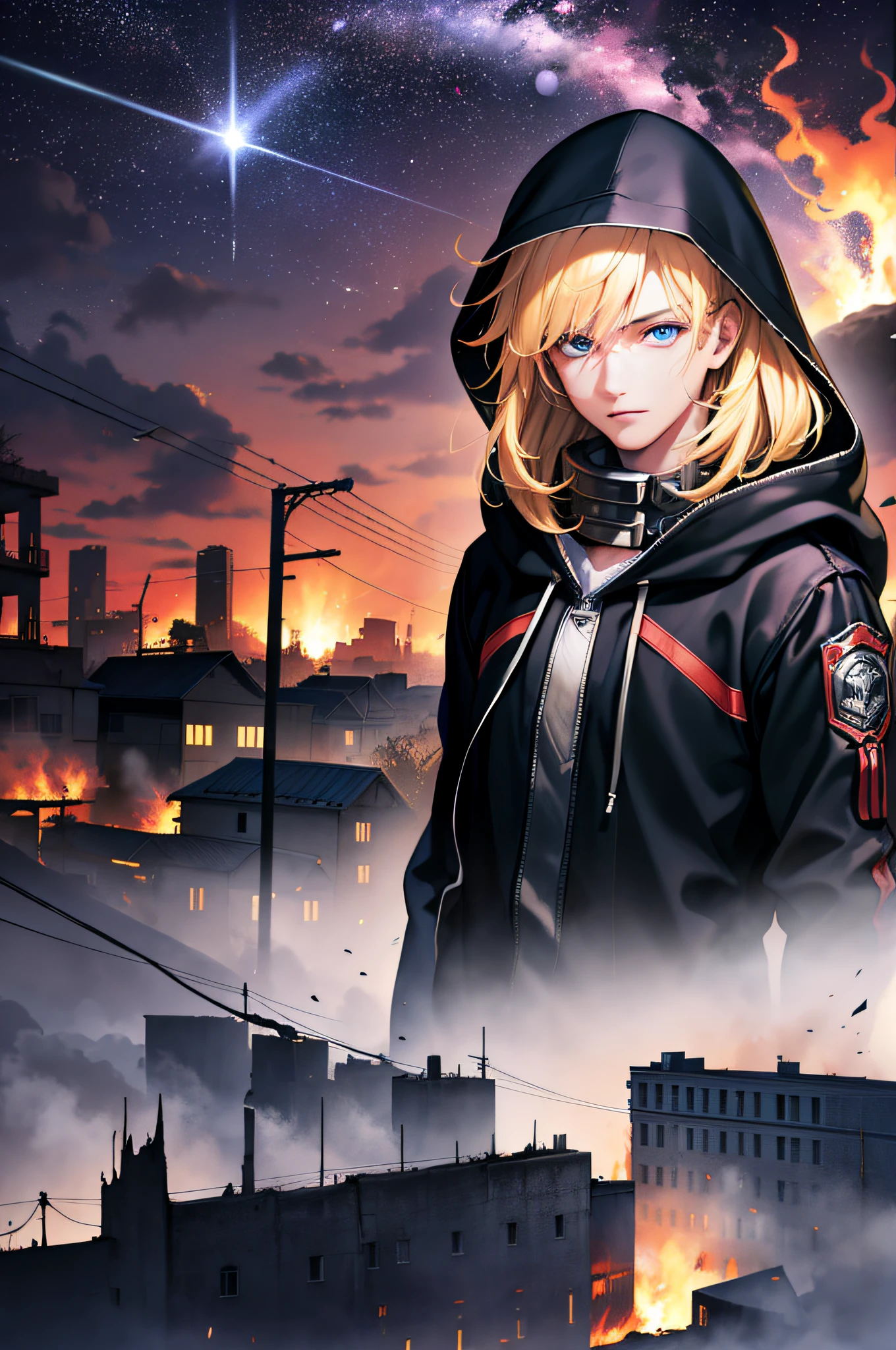 Masterpiece, high quality, absurdes, a guy, blonde hair, detailed eyes and face, blue eyes, handsome face, black hoodie, burning town ruins, abandoned suburban town, meteor shower, at night, chaos, panic, apocalyptic atmosphere, fires everywhere, cracked road, burning flames, hood on head, winged figure in the sky, burning ruined houses, broken walls, burning cars, ashes and dust in the air, tsunami