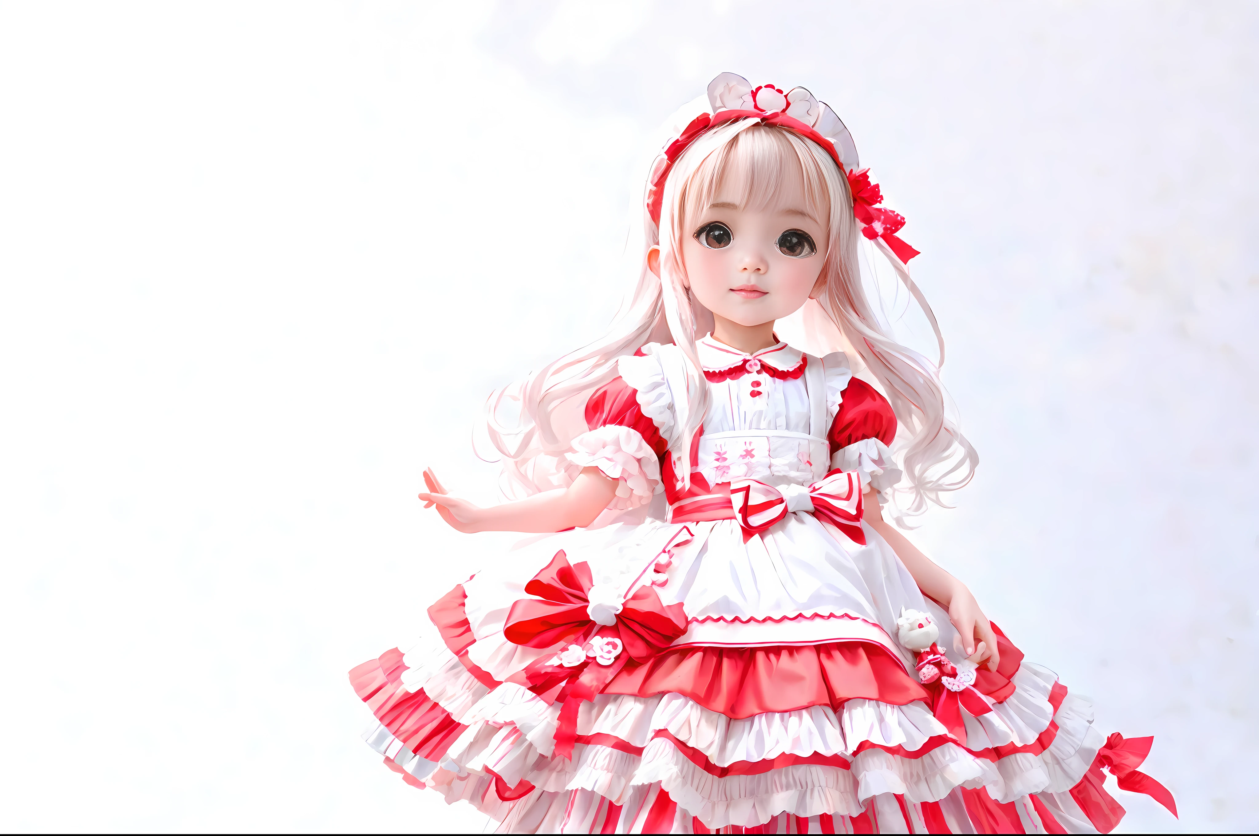 There is a baby girl in dress, , white background, red and white dress, little lolil, very cute and childish, portrait of magical Lolita g cute, beautiful cute, cute: sweet innocent, side portrait of cute girl