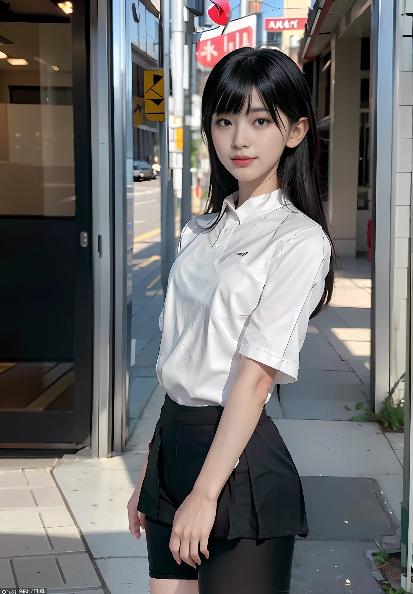 masterpiece, masterpiece, best quality, best quality, real, unity, 8k wallpaper, official art, highly detailed cg unity 8k wallpaper, ulzzang-6500, one girl, cute, professional lighting, ((glossy, long black spandex shorts: 1.37)), long hair, uniform, pleated skirt, random posture, (original: 1.2), (real: 1.4), super detailed, High resolution、ultra detail,amazing, fine detail, cinematic lighting, simple costumes, detailed clothing textures. (8k, RAW photo, highest quality, masterpiece: 1.27), (realistic, photorealistic: 1.37), physically based rendering, handsome, masterpiece, highest quality, high resolution,