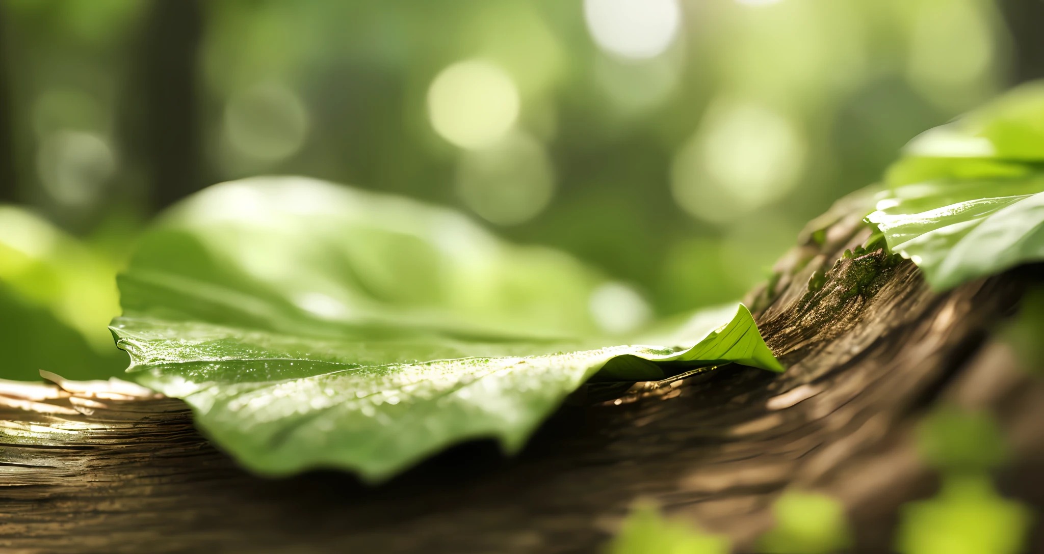 (defocused nature background with sun shining, rough and detailed green texture of a leaf under a foreground log:1.1), hdr, 4k, (realistic:1.1), pt
