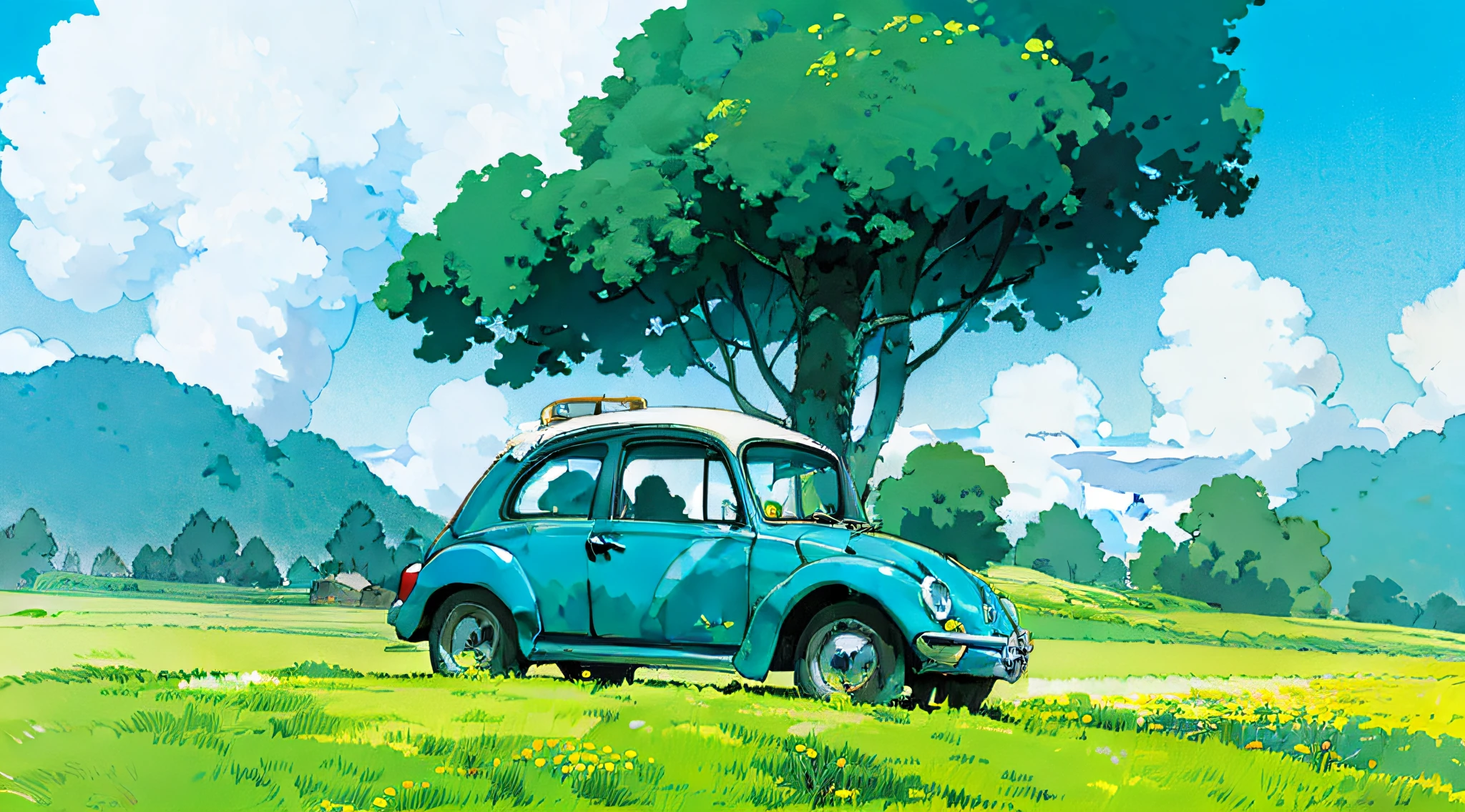 (((best quality)))), Realistic, authentic, beautiful and amazing landscape with a Volkswagen Beetle on the road oil painting Studio Ghibli Hayao Miyazaki pasture petals with blue sky and white clouds --v6