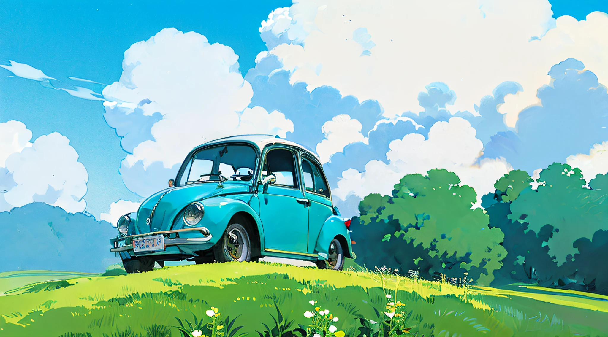 (((best quality)))), Realistic, authentic, beautiful and amazing landscape with a Volkswagen Beetle on the road oil painting Studio Ghibli Hayao Miyazaki pasture petals with blue sky and white clouds --v6
