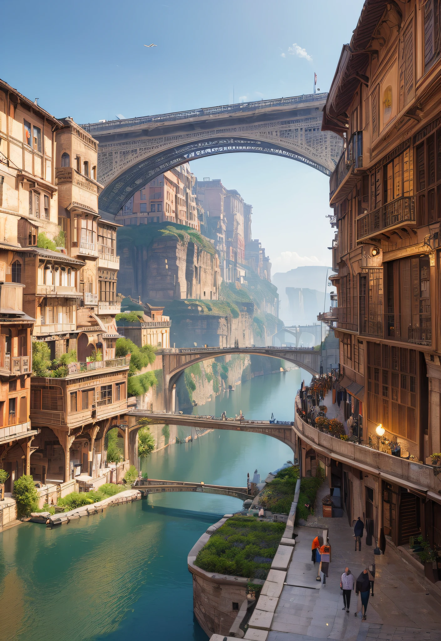 ((masterpiece)),((best quality)),((high detial)),((realistic,))
Industrial age city, deep canyons in the middle, architectural streets, bazaars, Bridges, rainy days, steampunk, European architecture