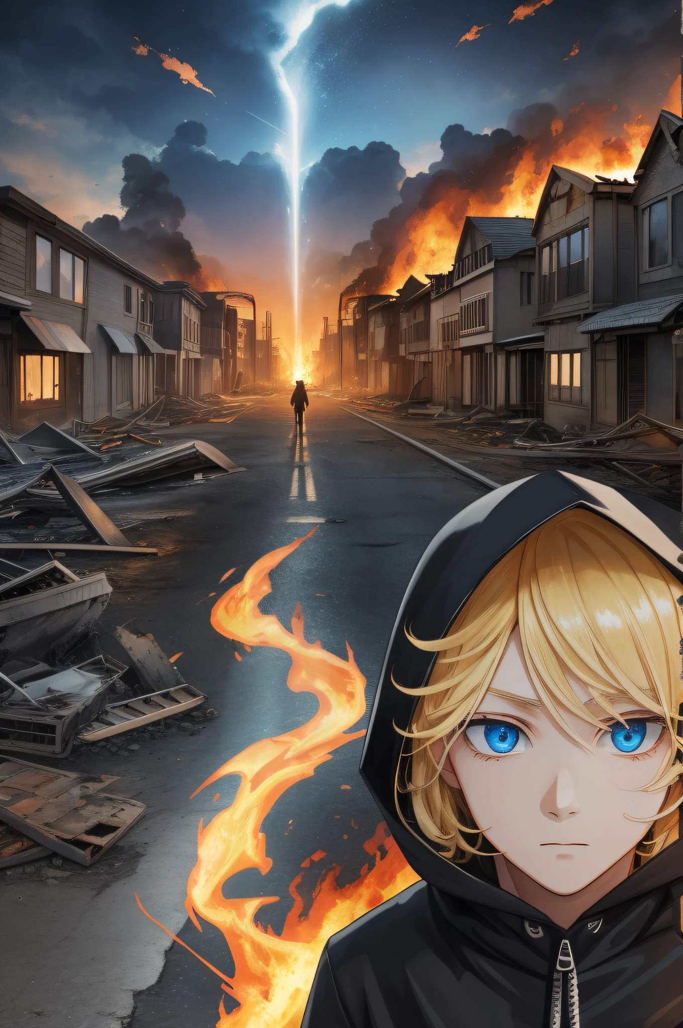 Masterpiece, high quality, absurdes, a guy, blonde hair, detailed eyes and face, blue eyes, handsome face, black hoodie, burning town ruins, abandoned suburban town, meteor shower, at night, chaos, panic, apocalyptic atmosphere, fires everywhere, cracked road, burning flames, hood on head, winged figure in the sky, burning ruined houses, broken walls, burning cars, ashes and dust in the air, tsunami