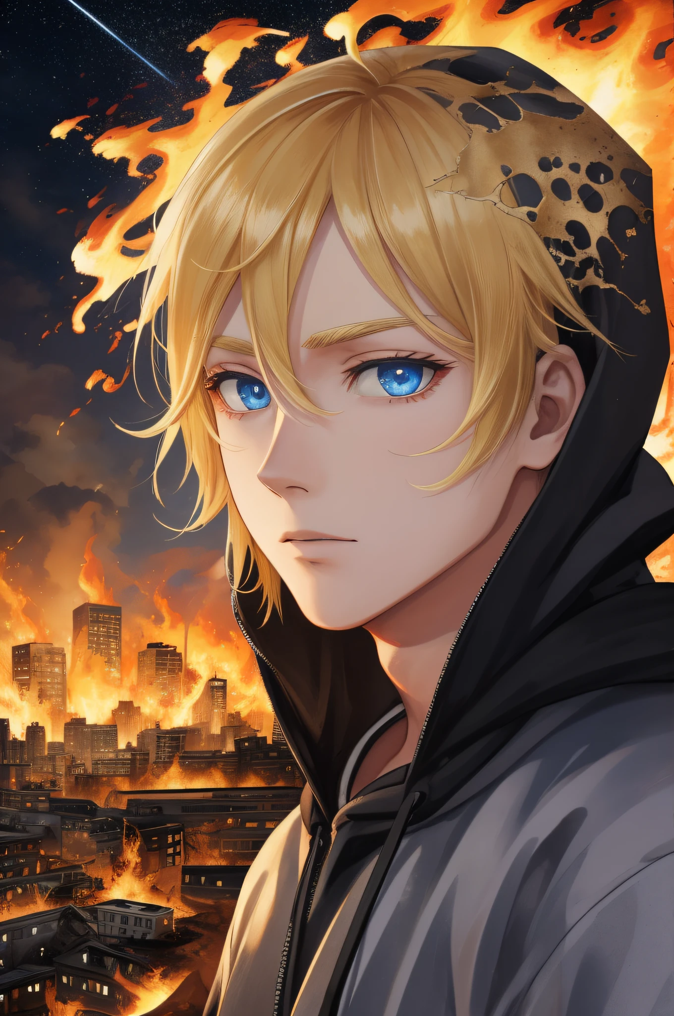 Masterpiece, high quality, absurdes, a guy, blonde hair, detailed eyes and face, blue eyes, handsome face, black hoodie, burning town ruins, abandoned suburban town, meteor shower, at night, chaos, panic, apocalyptic atmosphere, fires everywhere, cracked road, burning flames, hood on head, winged figure in the sky, burning ruined houses, broken walls, burning cars, ashes and dust in the air, tsunami