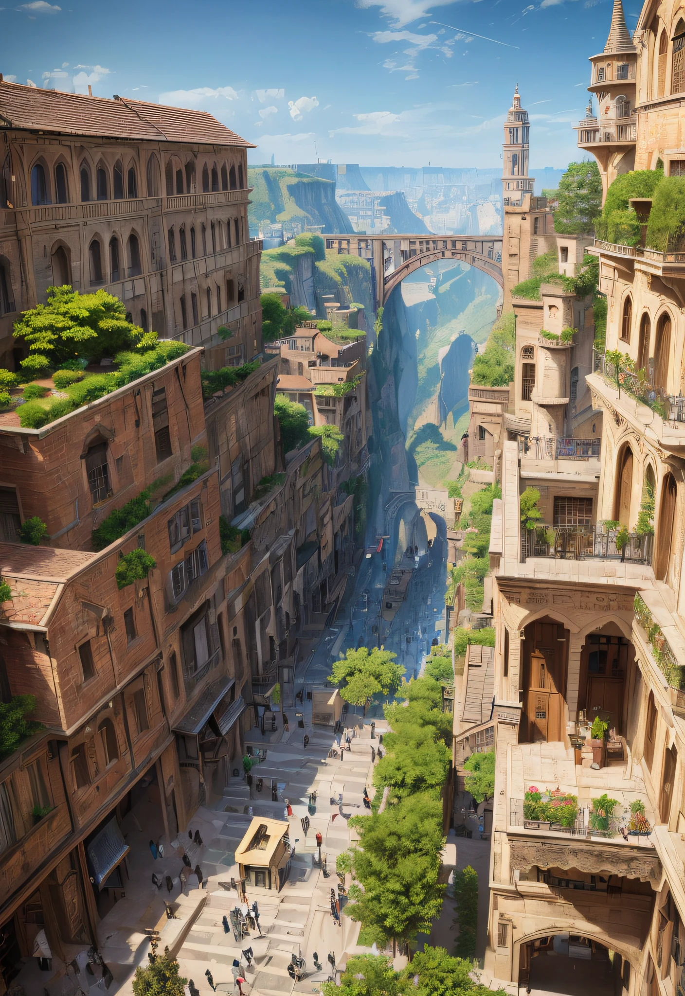 ((masterpiece)),((best quality)),((high detial)),((realistic,))
Industrial age city, deep canyons in the middle, architectural streets, bazaars, Bridges, rainy days, steampunk, European architecture