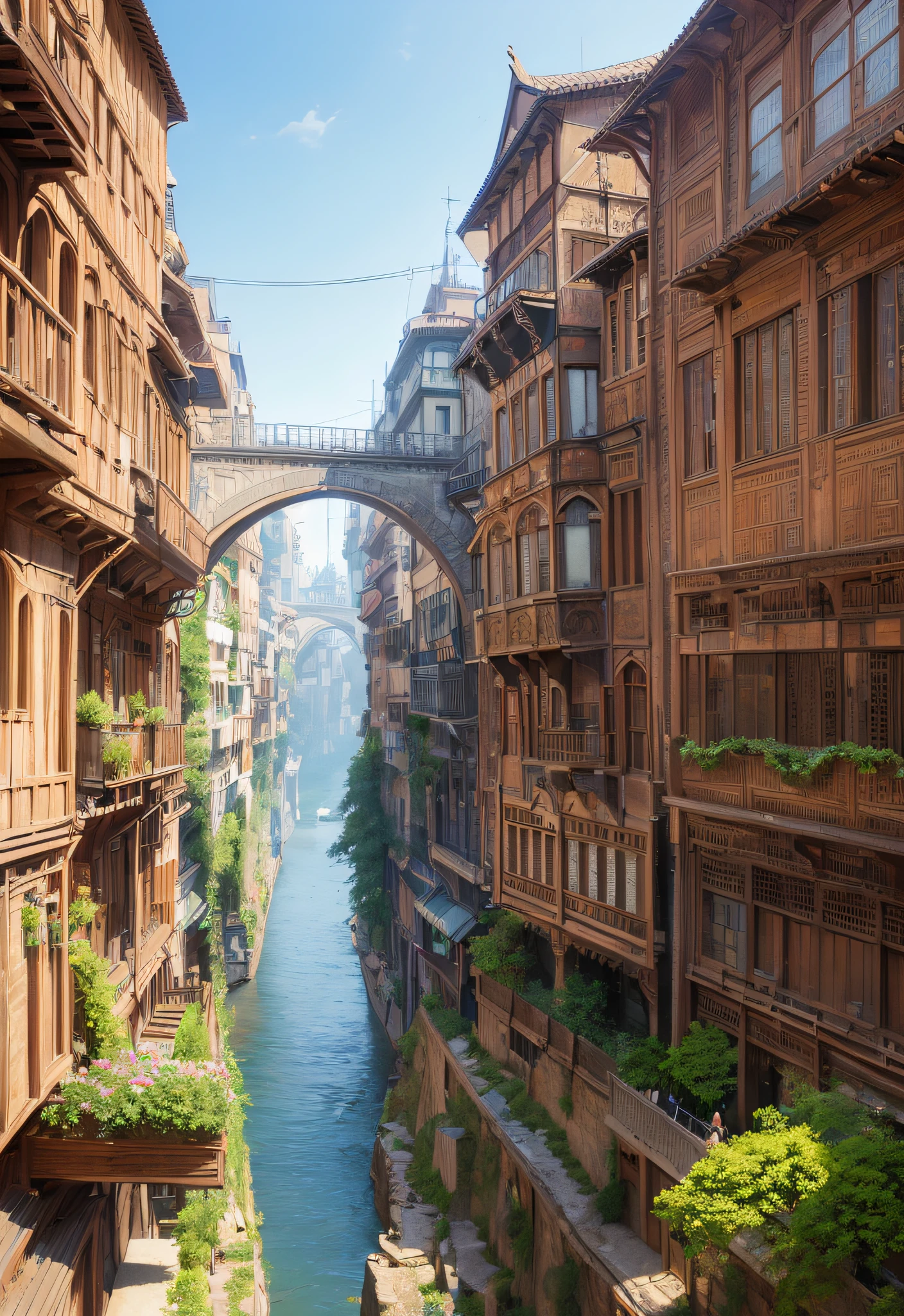 ((masterpiece)),((best quality)),((high detial)),((realistic,))
Industrial age city, deep canyons in the middle, architectural streets, bazaars, Bridges, rainy days, steampunk, European architecture