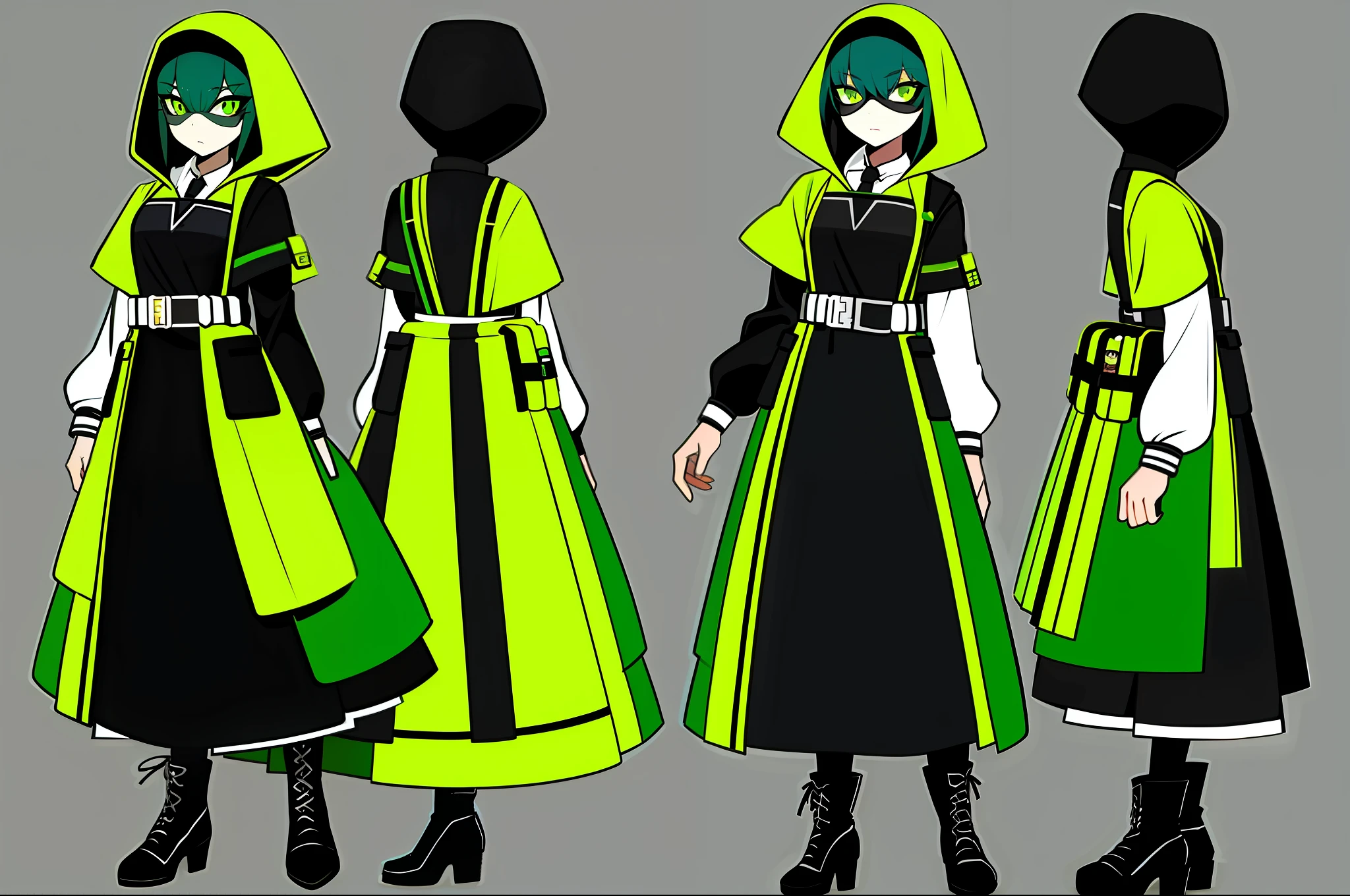 Bank robber girl with dress and poncho dress with lots of pockets green and black color scheme holding whip full body art character concept art anime character sheet wearing mask poncho