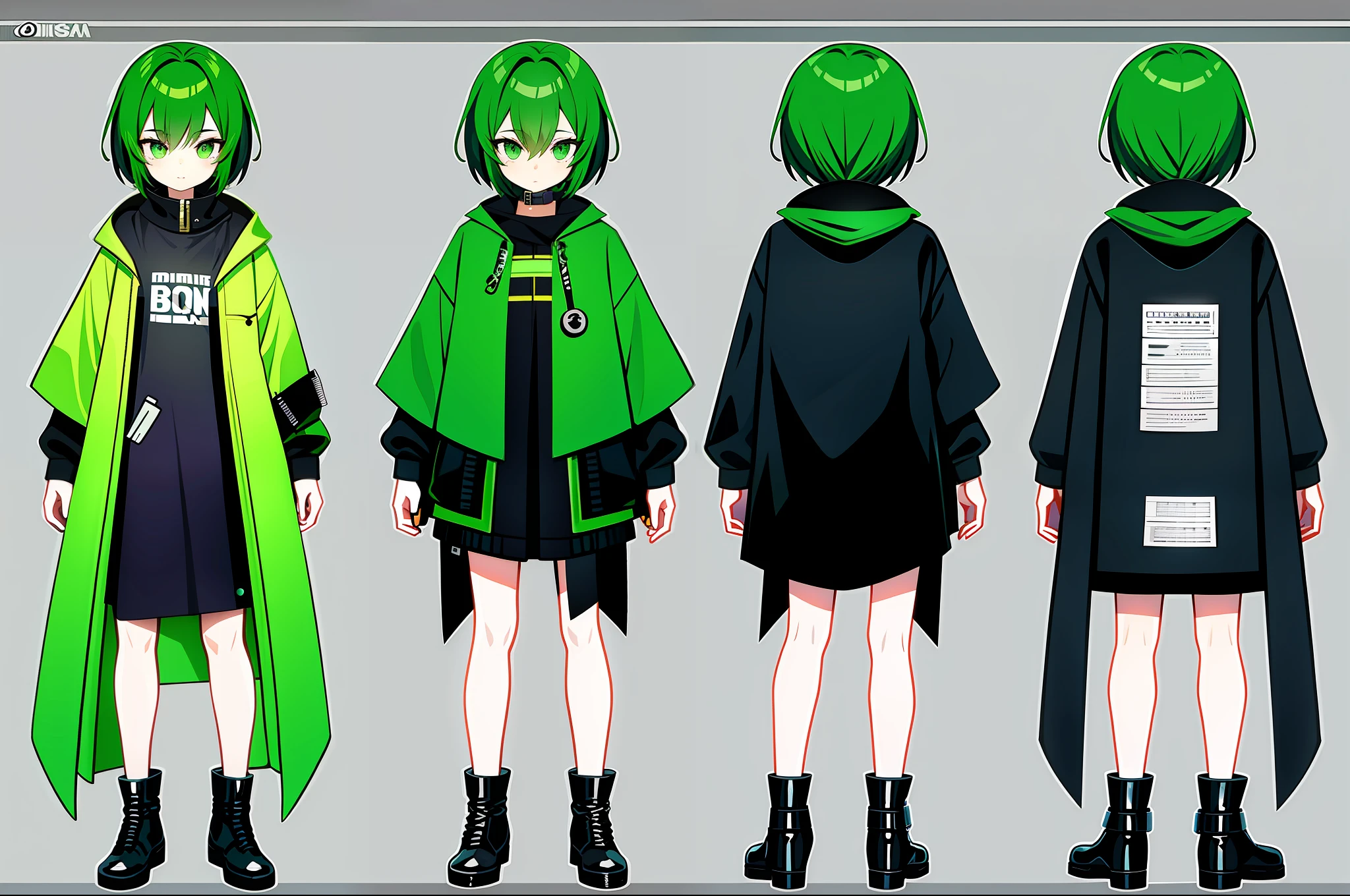 Bank robber girl with dress and poncho dress with lots of pockets green and black color scheme holding whip full body art character concept art anime character sheet wearing mask poncho