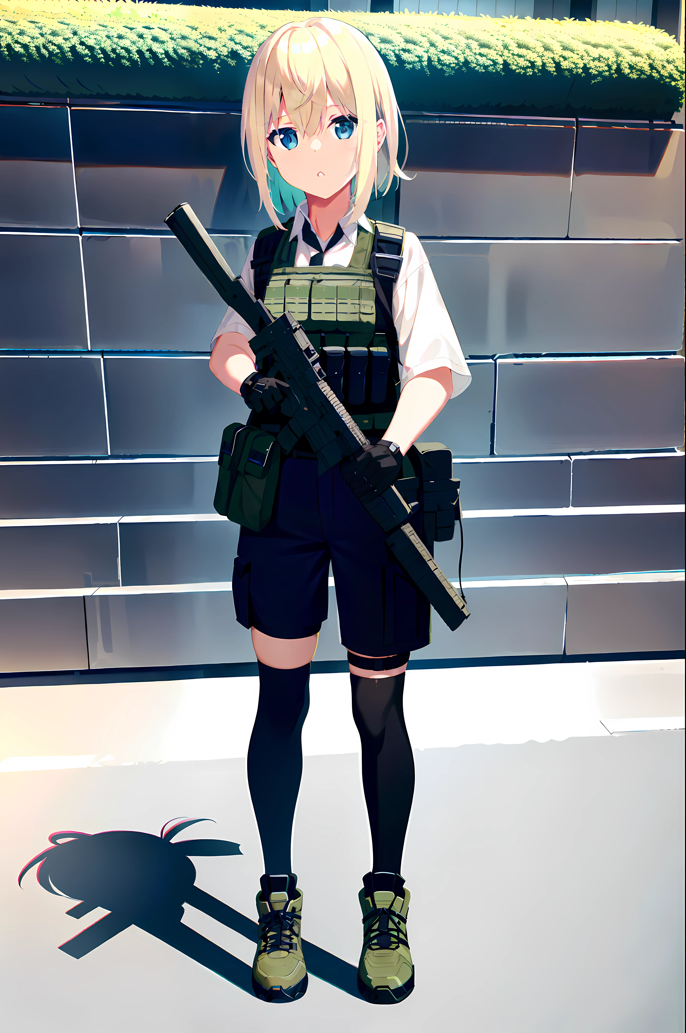 photo of a iom girl, 1girl, bangs, blonde hair, blue eyes, bulletproof vest, gloves, headphones, holster, looking at viewer, medium hair, military, plate carrier, tactical clothes, (black and khaki clothes), thigh holster, thigh strap, forest, running, black backpack, outdoors,