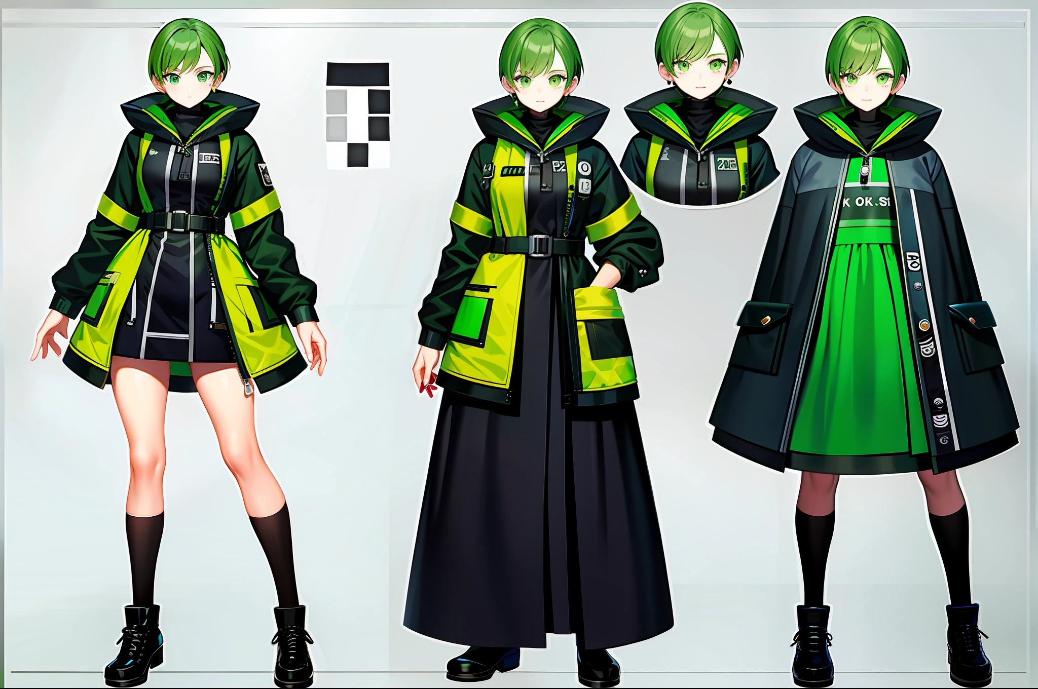 Bank robber girl with dress and poncho dress with lots of pockets green and black color scheme holding whip full body art character concept art anime character sheet wearing mask poncho