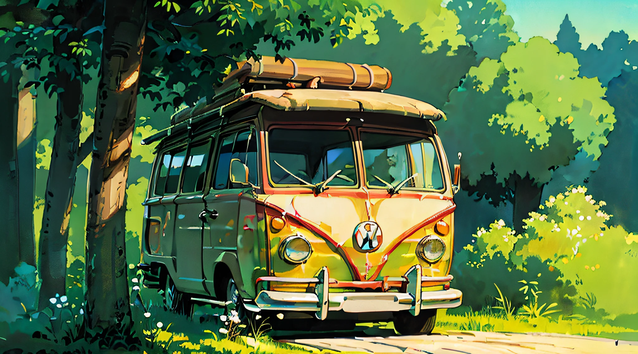 (((best quality))), Realistic, authentic, beautiful and amazing garage with a Volkswagen Kombi oil painting Studio Ghibli Hayao Miyazaki --v6