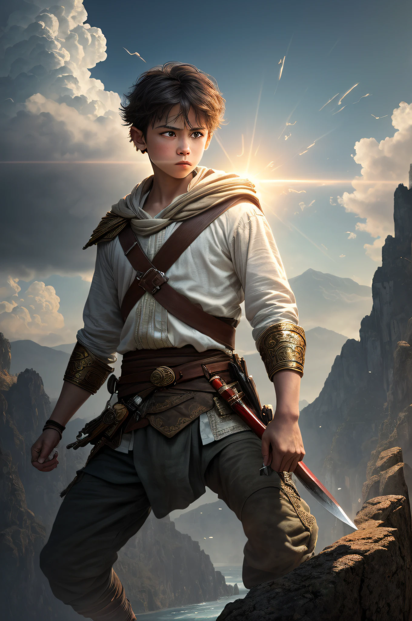 masterpiece, best quality,((photorealistic:1.4))best quality ,masterpiece, illustration, an extremely delicate and beautiful, extremely detailed ,CG ,unity ,8k wallpaper, Amazing, finely detail, extremely detailed CG unity 8k wallpaper, huge filesize, ultra-detailed, ultra high res, highres, extremely detailed, ((extremely detailed eyes and face)), beautiful detailed eyes, extremely detailed face, perfect lighting, light on face, cool lighting, natural colors, ((1boy in the gorge)), solo, ((the whole body is shown including both feet)), dynamic jumping, two hands up to the head, hands above your head, hold a huge war knife, furious, white hair, red eyes, waterfall, (cloud)