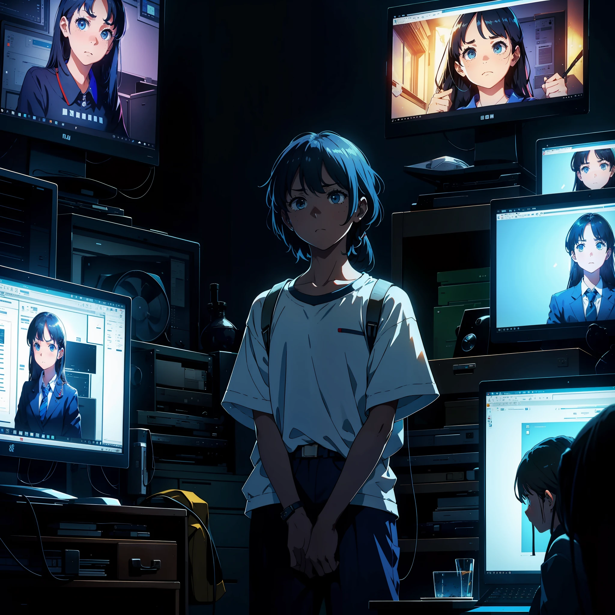 A group of people stood in front of the computer screen, sad, sad