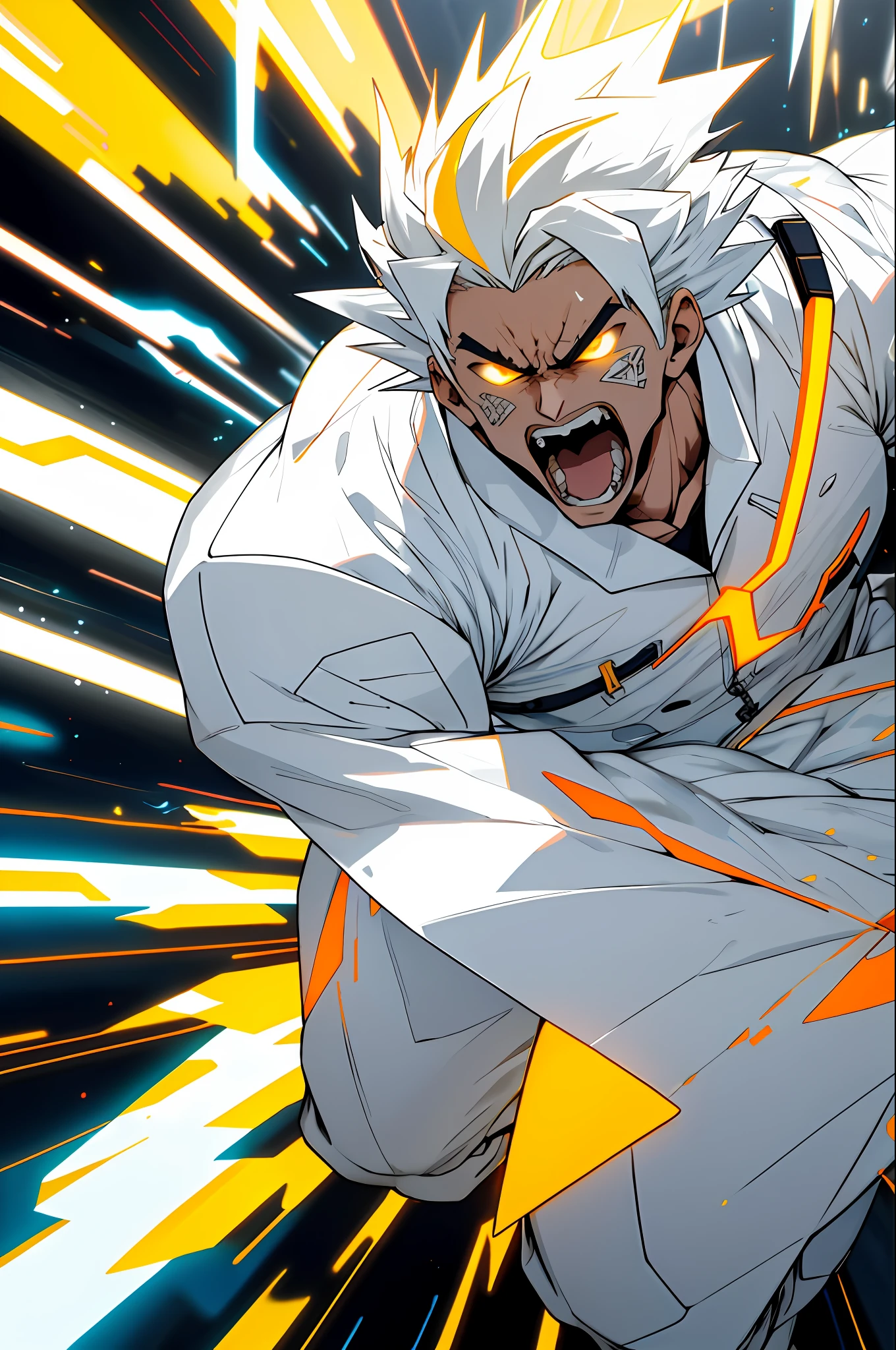 Supersayajin , white futuristic outfit with black abstract print, mouth open screaming, cabelo na cor amarelo degradê, angry and furious radiating energy around him, and destroying everything