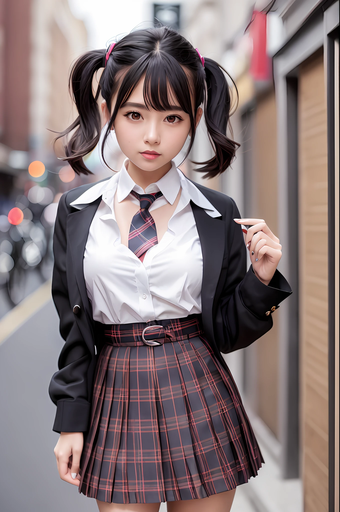 masterpiece, best quality, full body, 1girl, bangs, black choker, black necktie, black hair, blue skirt, blush, bracelet, breasts, choker, clothes around waist, collarbone, collared shirt, cowboy shot, dress shirt, ear piercing, eyebrows visible through hair, gradient hair, grin, gyaru, jewelry, kogal, long hair, looking at viewer, loose necktie, necktie, piercing, plaid, plaid skirt, pleated skirt, red eyes, ring, school uniform, shirt, skirt, smile, solo, white shirt, street, sky, cherry blossoms, petals,illustration, (magazine:1.3), (cover-style:1.3), fashionable, woman, vibrant, outfit, posing, front, colorful, dynamic, background, elements, confident, expression, holding, statement, accessory, majestic, coiled, around, touch, scene, text, cover, bold, attention-grabbing, title, stylish, font, catchy, headline, larger, striking, modern, trendy, focus, fashion,