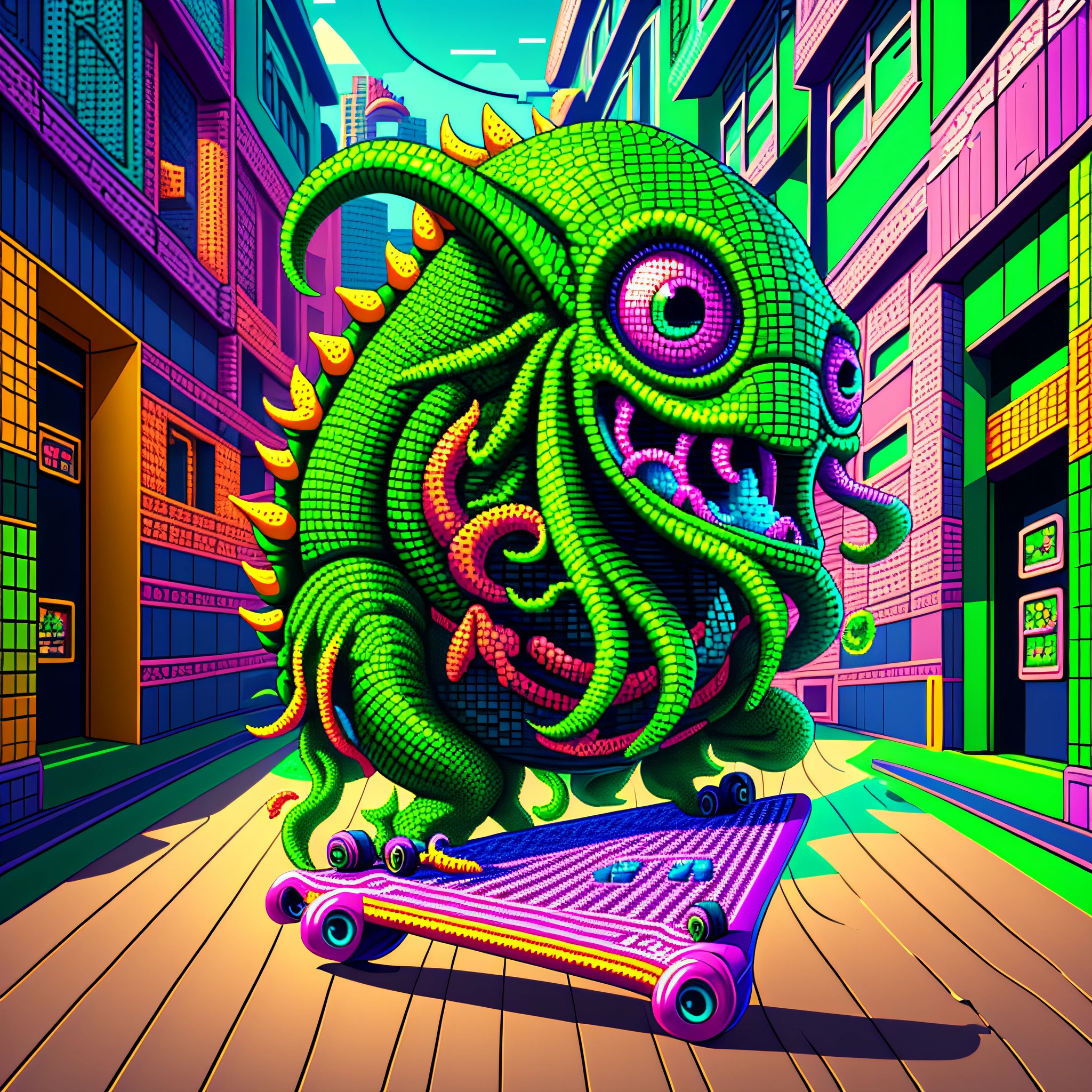 Masterpiece, best quality, ultra-detailed, ray tracing, super cute Cthulhu monster eating [skateboard], bright and vivid colors, 16-bit pixel art --auto --s2