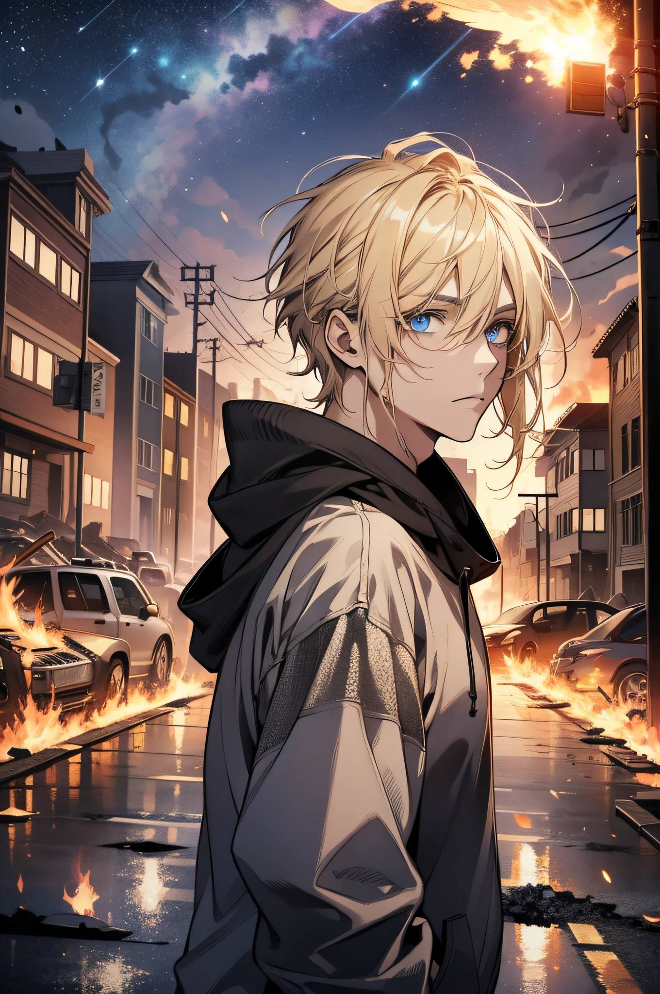 Masterpiece, high quality, absurdes, a guy, blonde hair, detailed eyes and face, blue eyes, handsome face, black hoodie, burning town ruins, abandoned suburban town, meteor shower, at night, chaos, panic, apocalyptic atmosphere, fires everywhere, cracked road, burning flames, hood on head, winged figure in the sky, burning ruined houses, broken walls, burning cars,