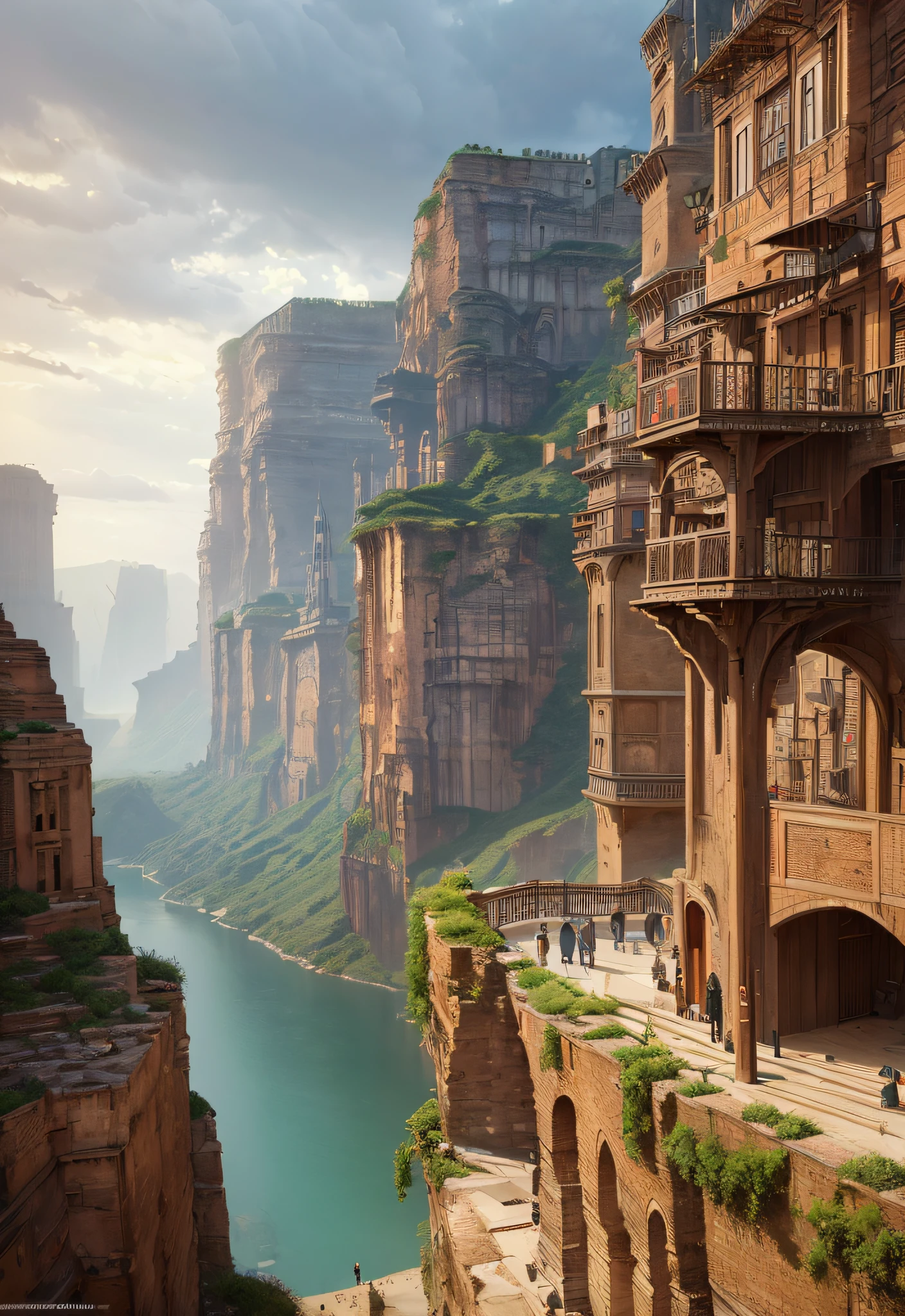 ((masterpiece)),((best quality)),((high detial)),((realistic,))
Industrial age city, deep canyons in the middle, architectural streets, bazaars, Bridges, rainy days, steampunk, European architecture