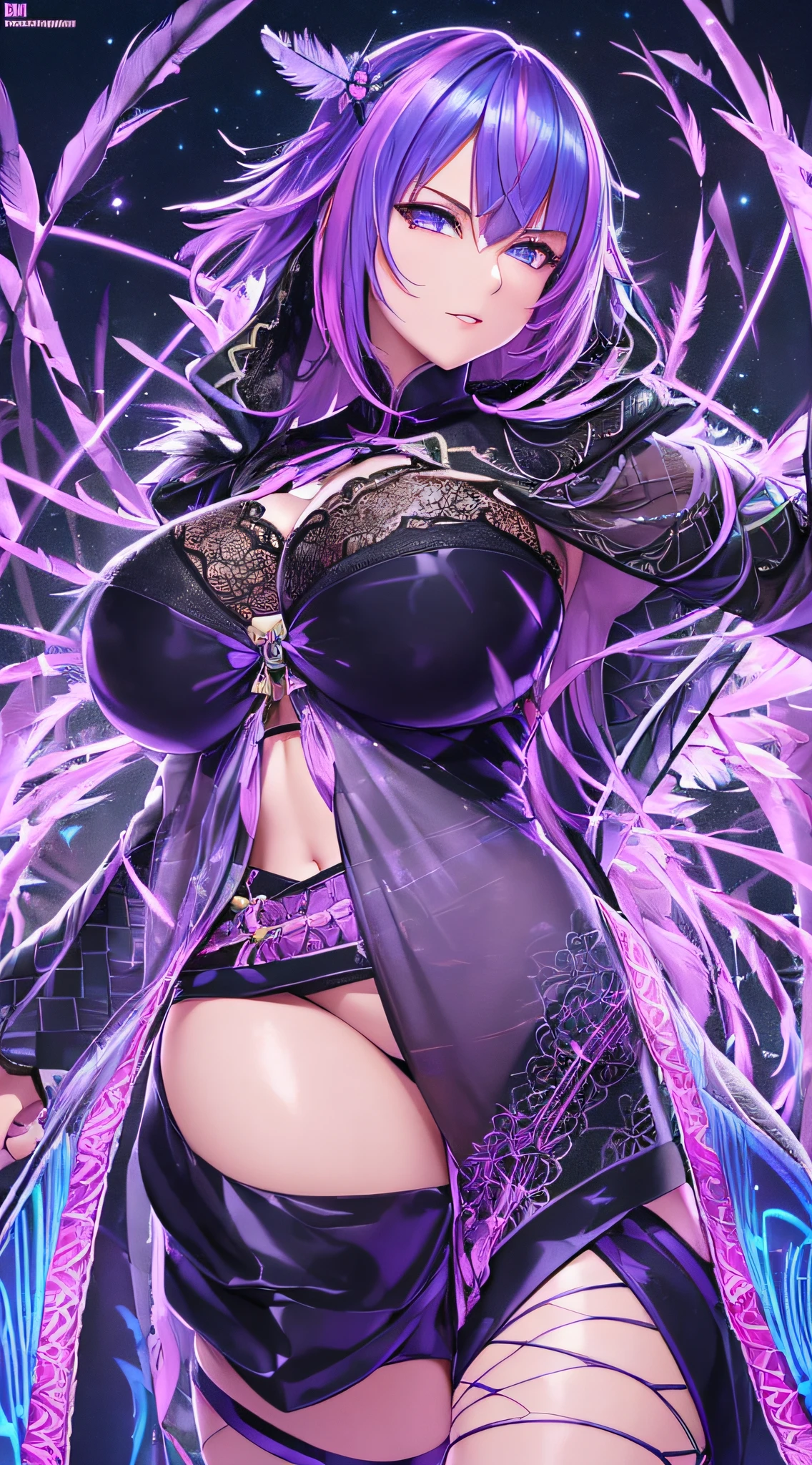 nighttime,full body,Genshin Impact:Raiden Shogun,(((Wearing Fluorescent fabric:harem outfit,Suzhoou embroidery technique:Lace sequin cloak woven from feathers))), Fabric Glows, Masterpiece,best quality,extremely detailed 3DCG, Cinema-4D ,8k,Photorealistic， ( ##tattoo ##,tattoo, ~+ tattoo), (erfect female curves, huge stacked breast and proud cleavage),(A seductive gaze), Facing the camera, Pink lips,Blacklight lighting,