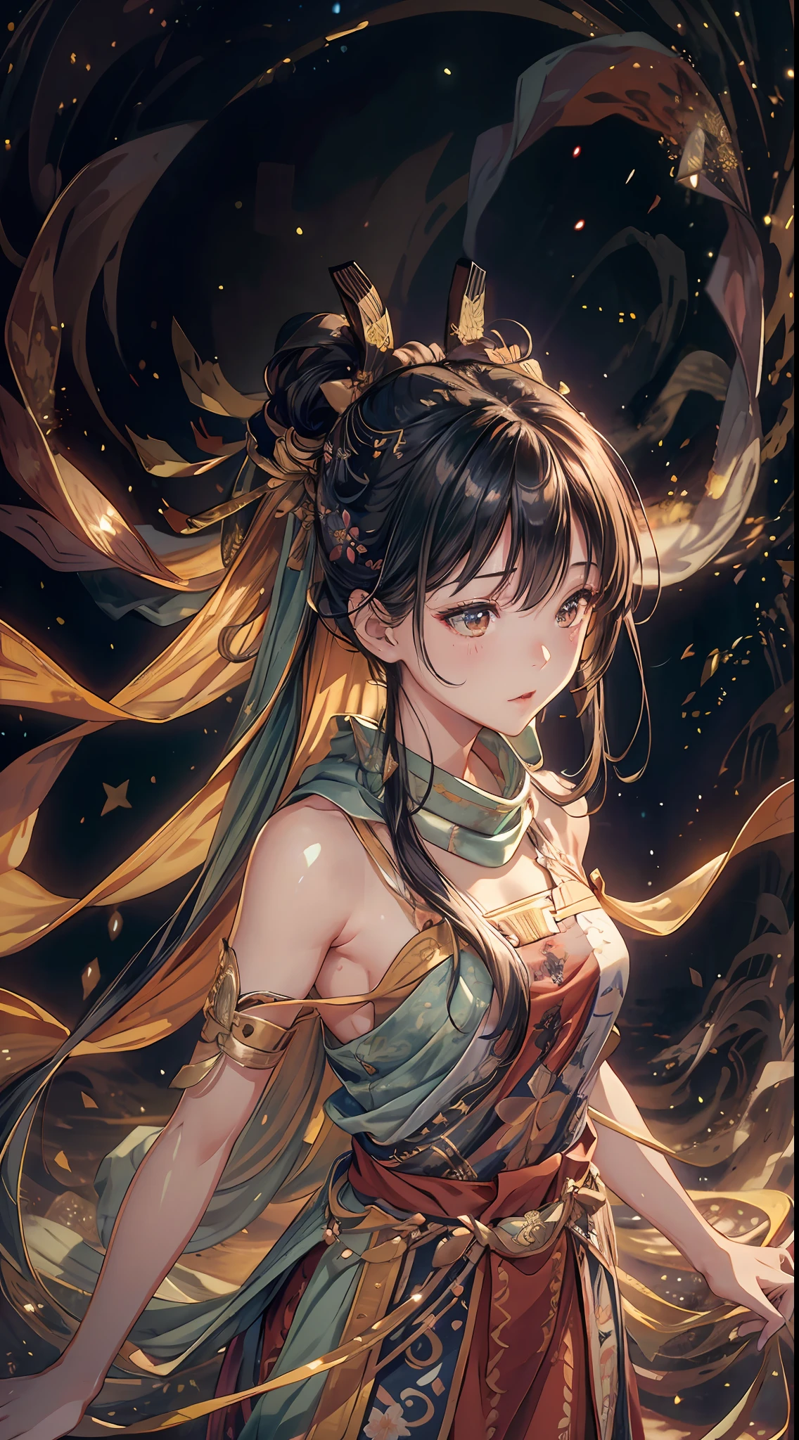 (RAW Photo, Best Quality), (Realistic, Photo Realistic: 1.3), Best Quality, Highly Detailed, Masterpiece, Ultra Detailed, Illustration, 1 Girl, upper_body, Dynamic Angle, World Mastery Theater, messy_long_hair, Best Quality, Extremely Detailed CG Unified 8k Wallpaper, Ink, Amazing, Movie Lights, lens_flare, dunhuang_style, Detailed Face, Beautiful Rendering of Tang Dynasty, (deliberate expression: 1.5), standing in a flower field, (full of stars: 1.2), (looking up at the starry sky: 1.2), fireflies, floating scarves, Sony master shots