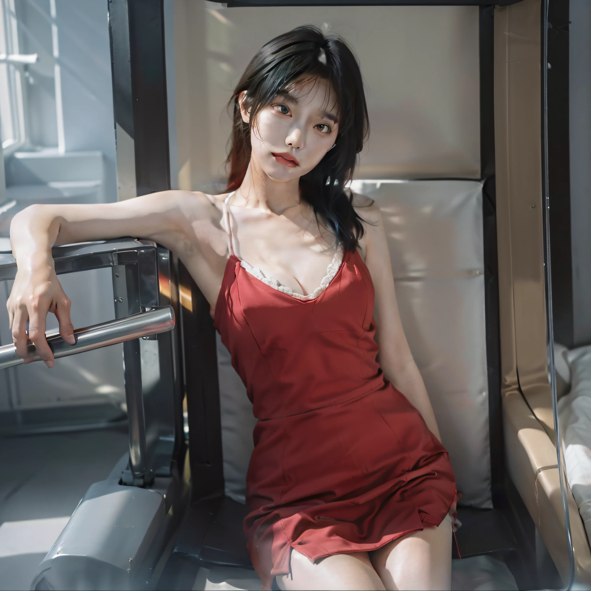 Ace, 4k, High Resolution, Masterpiece, Best Quality, Head: 1.3, (Korean K-pop Idol), Delicate Skin, Sharp Focus, (Cinema Lighting), Clavicle, Morning, Soft Light, Dynamic Angle, [:(detailed face:1.2):0.2], armpit wrinkles, thigh gap, red dress, slim, mid-chest, cleavage, full body,