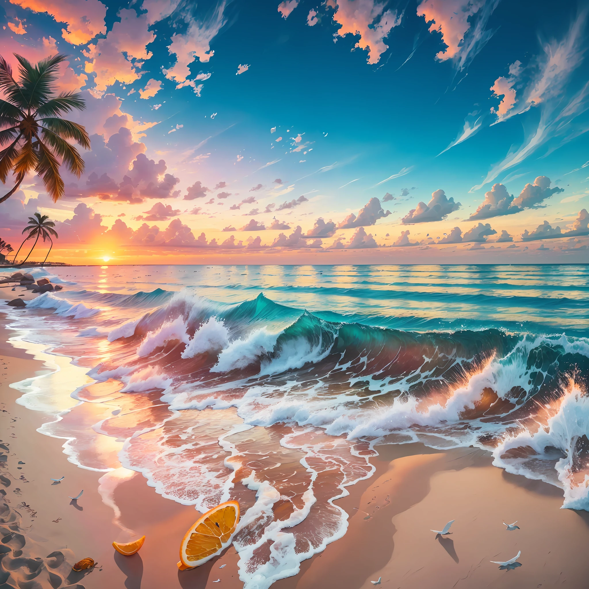 Absolutely mesmerizing sunset on the beach with a mix of oranges, pinks and yellows in the sky. The water is crystal clear, gently kissing the shore, and the white sand is endless. The scenes are action-packed and breathtaking, with seagulls soaring high in the sky and palm trees swaying gently. Immerse yourself in the calm atmosphere and let the serenity surround you. --auto --s2