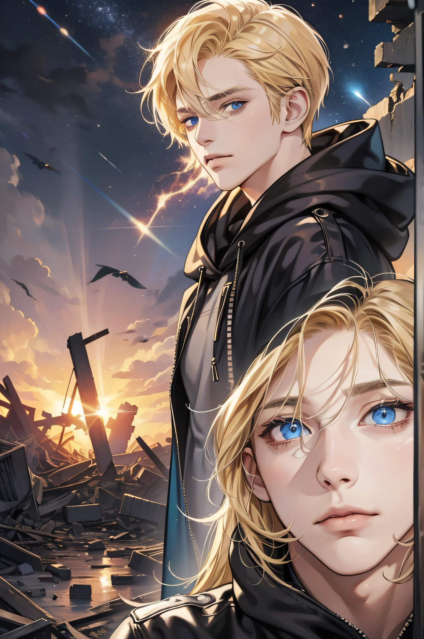 Masterpiece, high quality, absurdes, a guy, blonde hair, detailed eyes and face, blue eyes, handsome face, black hoodie, burning town ruins, abandoned suburban town, meteor shower, at night, chaos, panic, apocalyptic atmosphere, winged figure in the sky