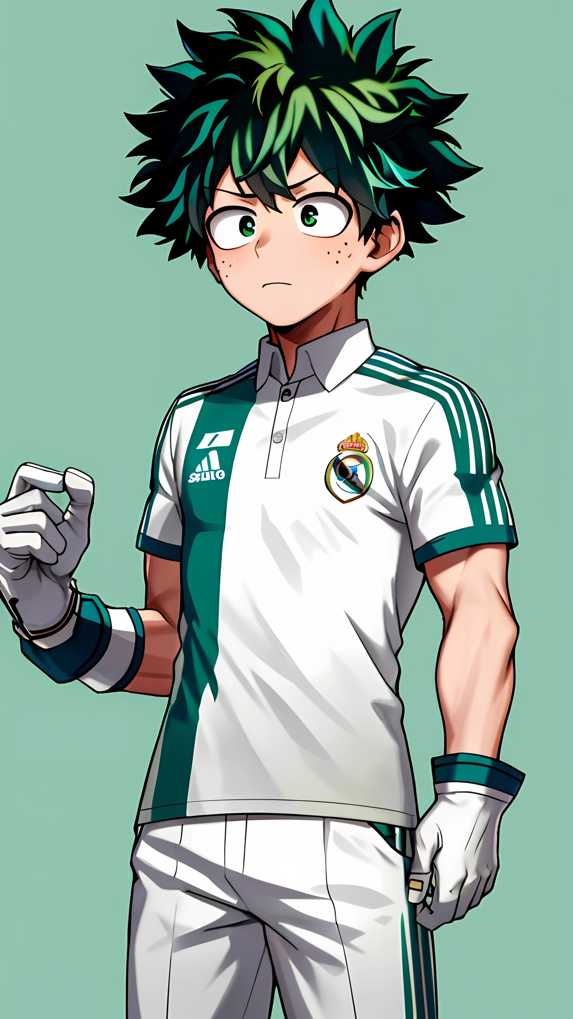 1boy, masterpiece, best quality, horikoshi kouhei, izuku midoriya wearing white Real Madrid football club uniform, white pants, number seven stamped on chest, boku no hero academy, curly hair, green eyes, green hair, gloves, eyebrows, freckles, furrowed eyebrow, official art, pale skin, serious, short hair, blurry, blurred background, highres, looking away, male focus