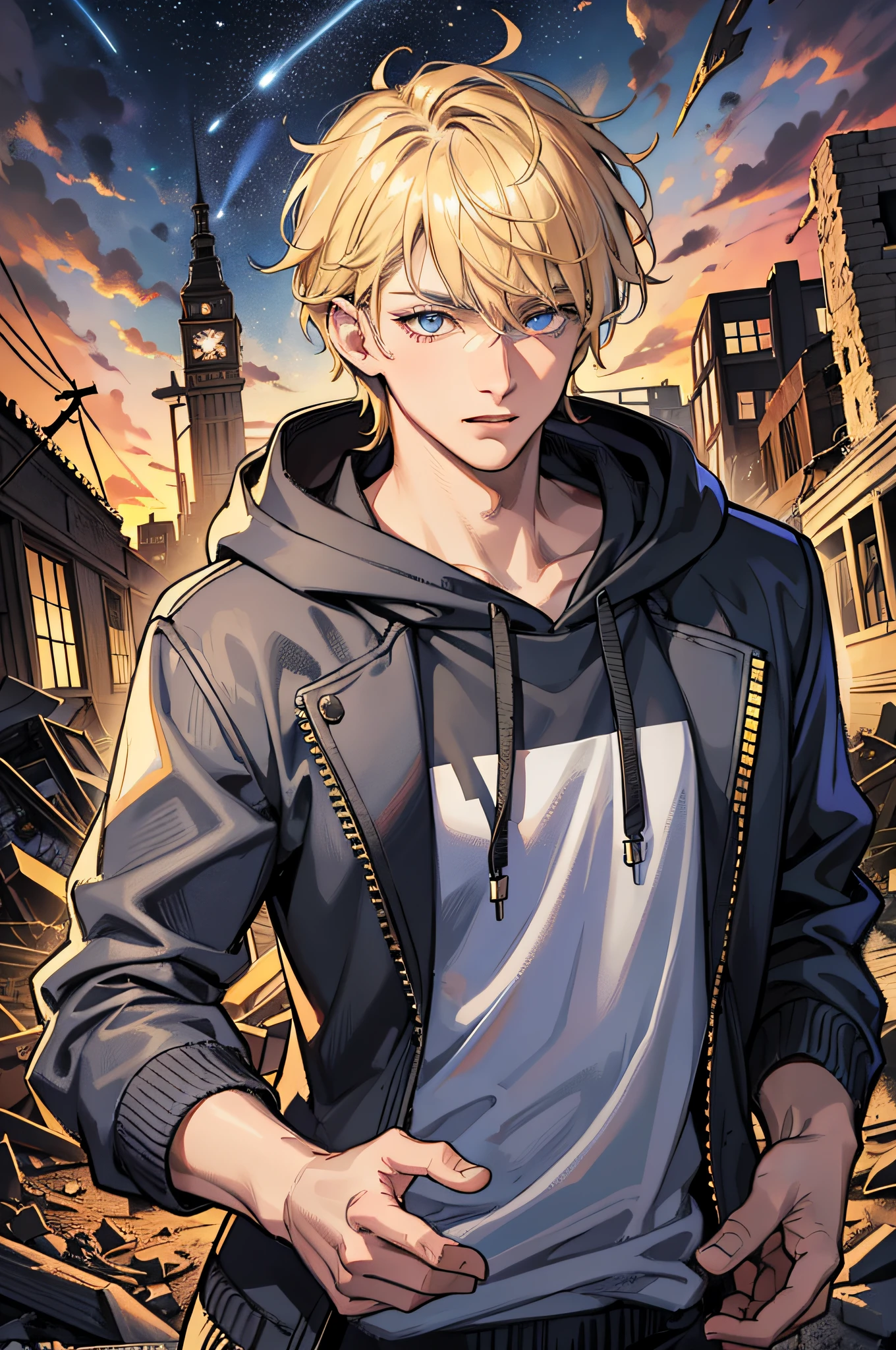 Masterpiece, high quality, absurdes, a guy, blonde hair, detailed eyes and face, blue eyes, handsome face, black hoodie, burning town ruins, abandoned suburban town, meteor shower, at night, chaos, panic, apocalyptic atmosphere, winged figure in the sky