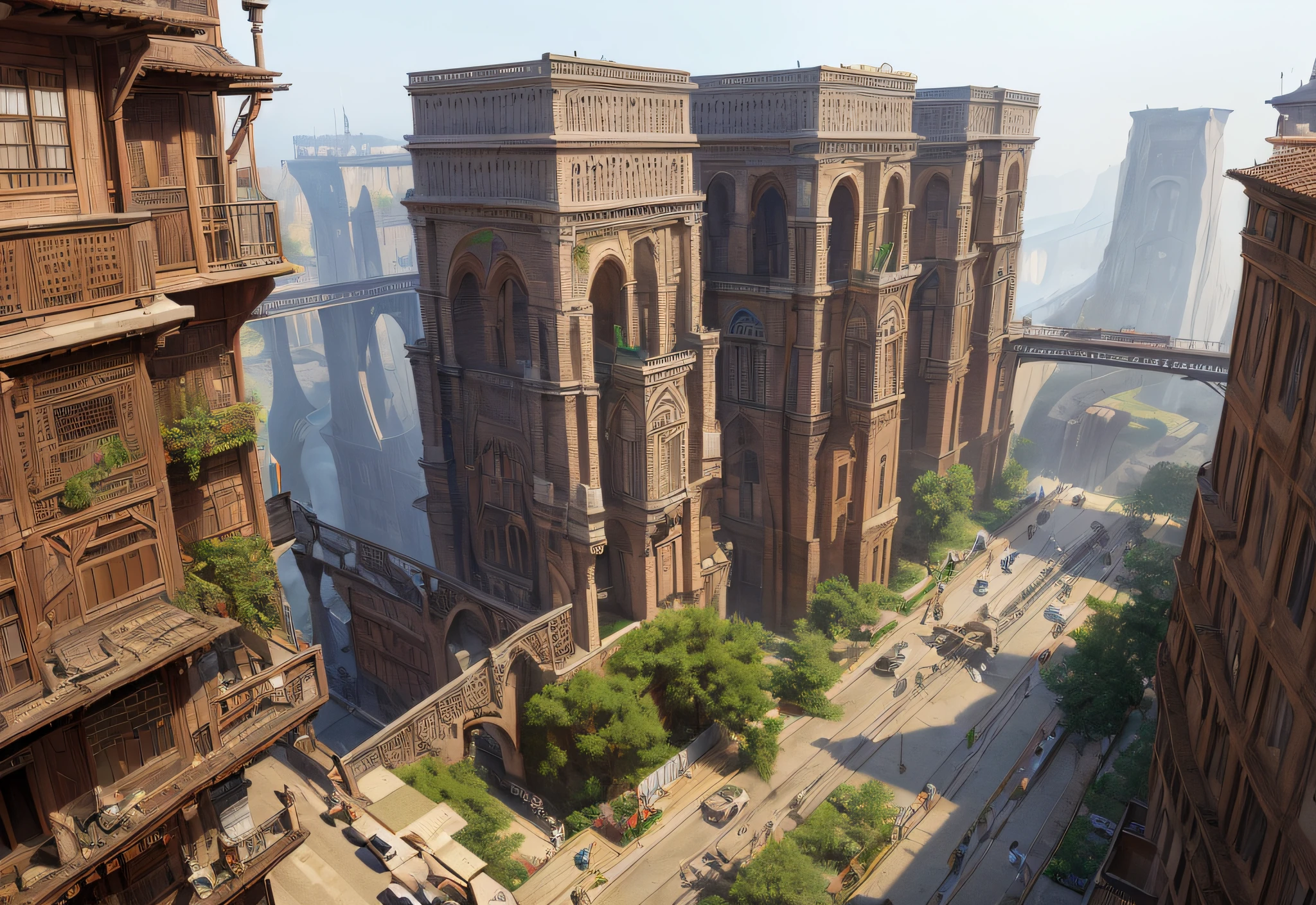 ((masterpiece)),((best quality)),((high detial)),((realistic,))
Industrial age city, deep canyons in the middle, architectural streets, bazaars, Bridges, rainy days, steampunk, European architecture
