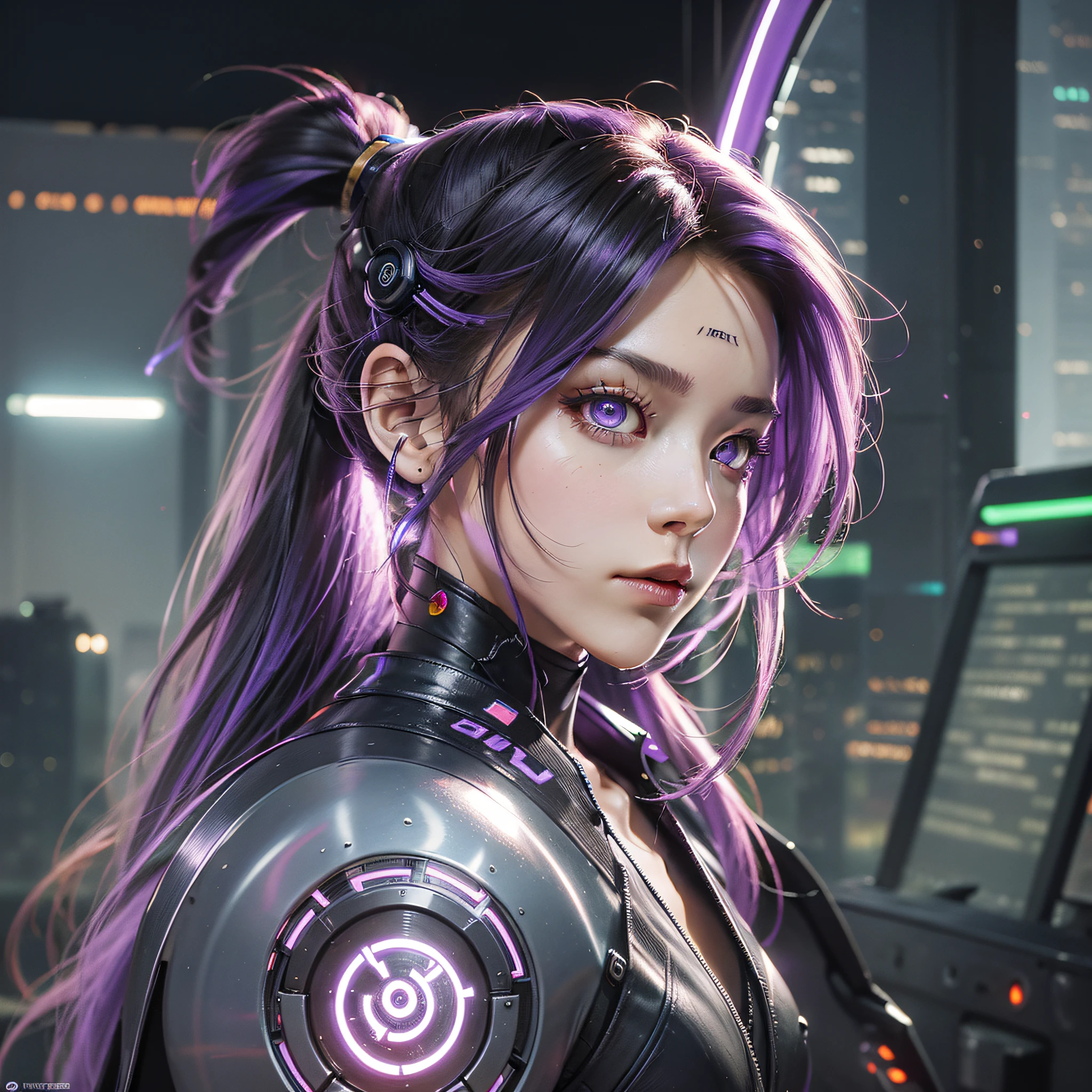 Masterpiece) (cyberpunk theme) (dynamic view) Beautiful futuristic bike top, serene expression, glowing eyes, violet eyes, long hair, ponytail, mechanical, back and orange mesh armor, bright circuitry, depth of field, ground reflections, viewing by those around, vibrant and contrasting colors