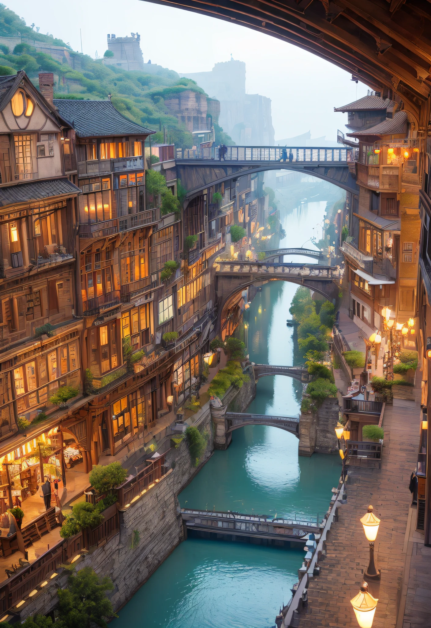 ((masterpiece)),((best quality)),((high detial)),((realistic,))
Industrial age city, deep canyons in the middle, architectural streets, bazaars, Bridges, rainy days, steampunk, European architecture