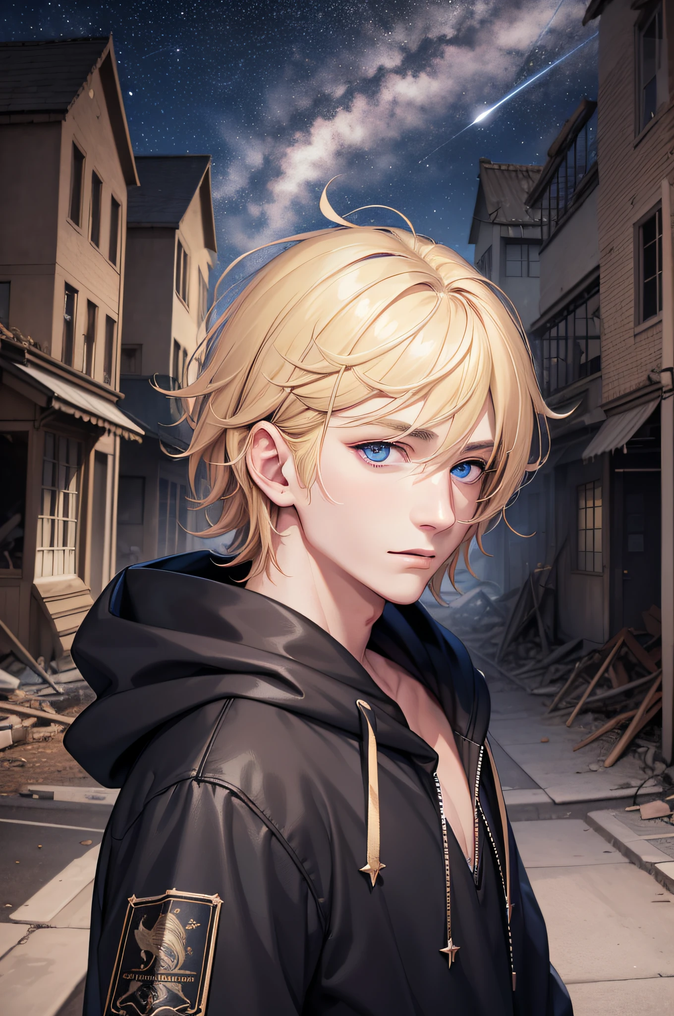 Masterpiece, high quality, absurdes, a guy, blonde hair, detailed eyes and face, blue eyes, handsome face, black hoodie, burning town ruins, abandoned suburban town, meteor shower, at night, chaos, panic, apocalyptic atmosphere, winged figure in the sky