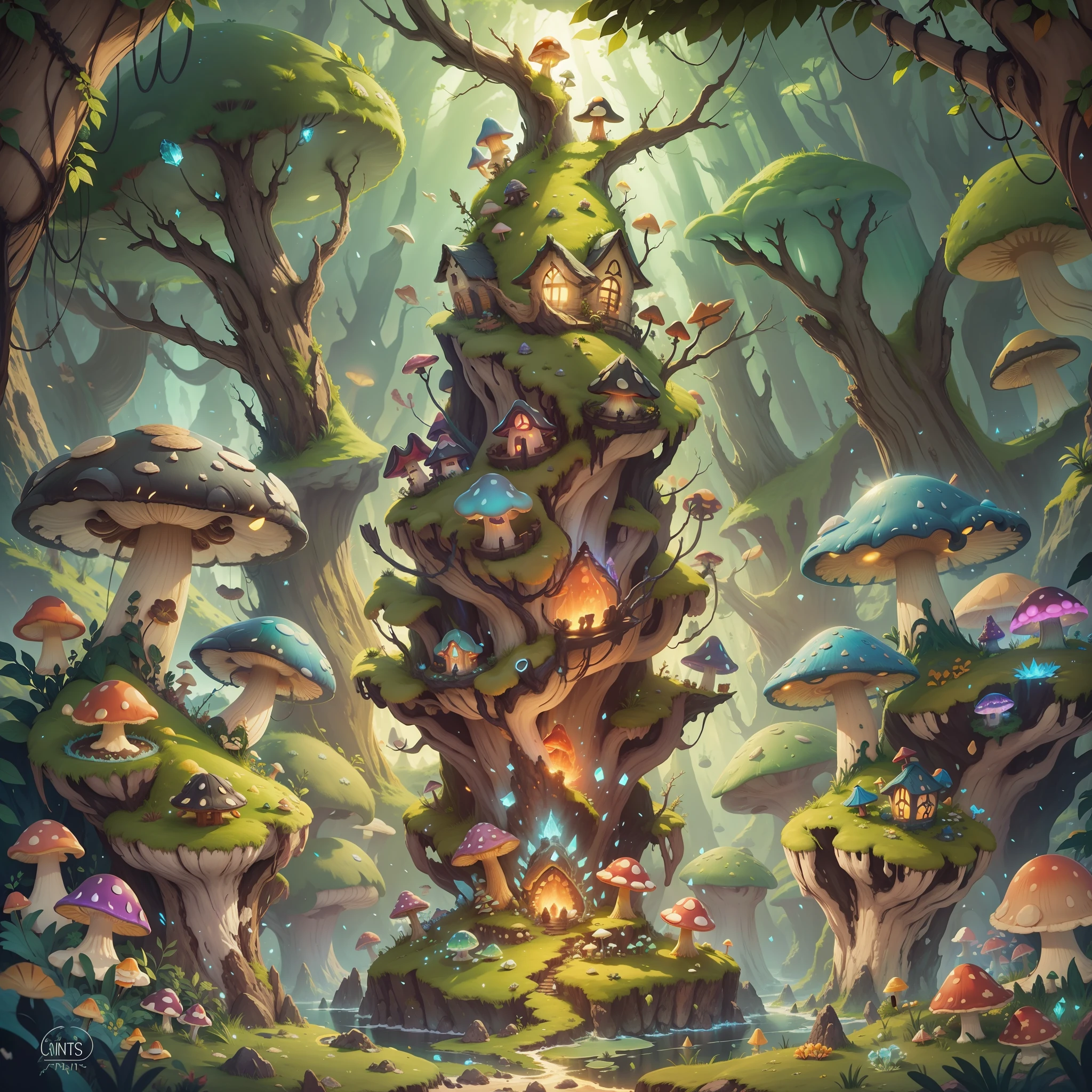Fantasy world, cliffs, glowing mushrooms, glowing crystals, mushroom city, point of light, fantasy, point of light flying