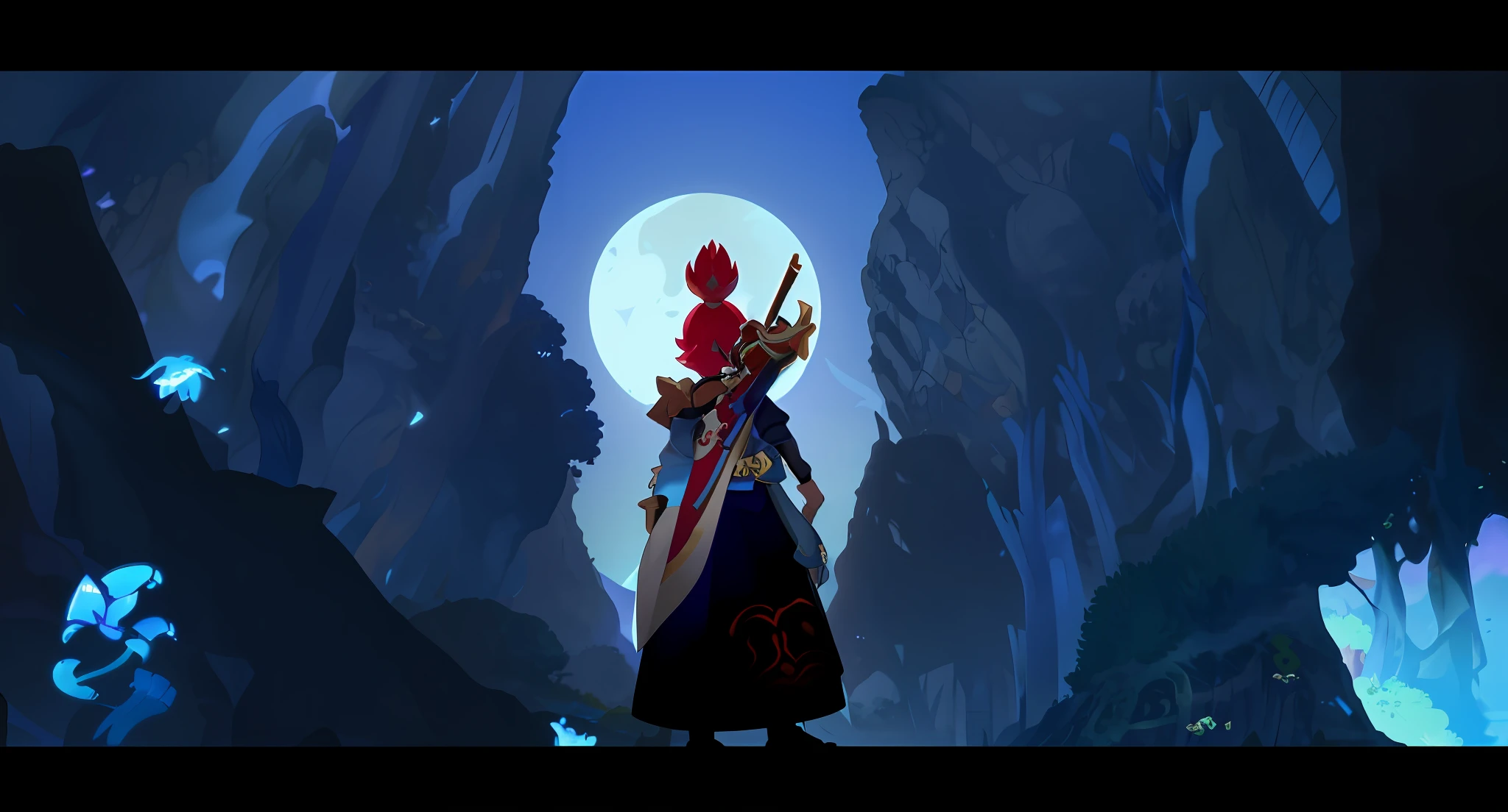 There is a man standing in the valley holding a sword, style duelyst, video game screenshot >, super giant game, onmyoji, dead cells, super wide game screenshot, onmyoji detailed art, stylized concept art, video game screenshot, cutscene, game screenshot, dream screenshot art, 8K! , Computer screenshot, game screenshot