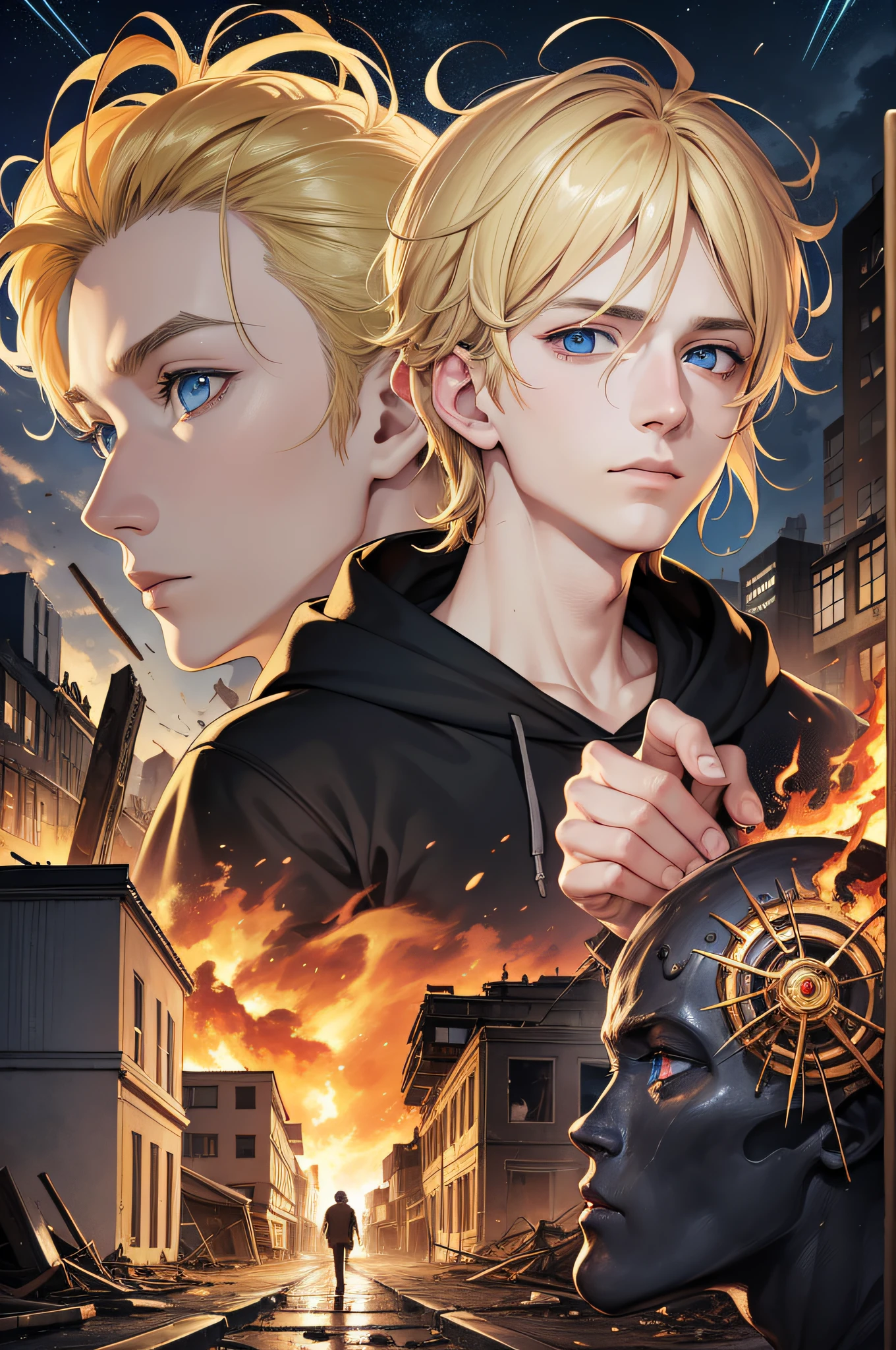 Masterpiece, high quality, absurdes, a guy, blonde hair, detailed eyes and face, blue eyes, handsome face, black hoodie, burning town ruins, abandoned suburban town, meteor shower, at night, chaos, panic, apocalyptic atmosphere, fires everywhere, cracked road, burning flames