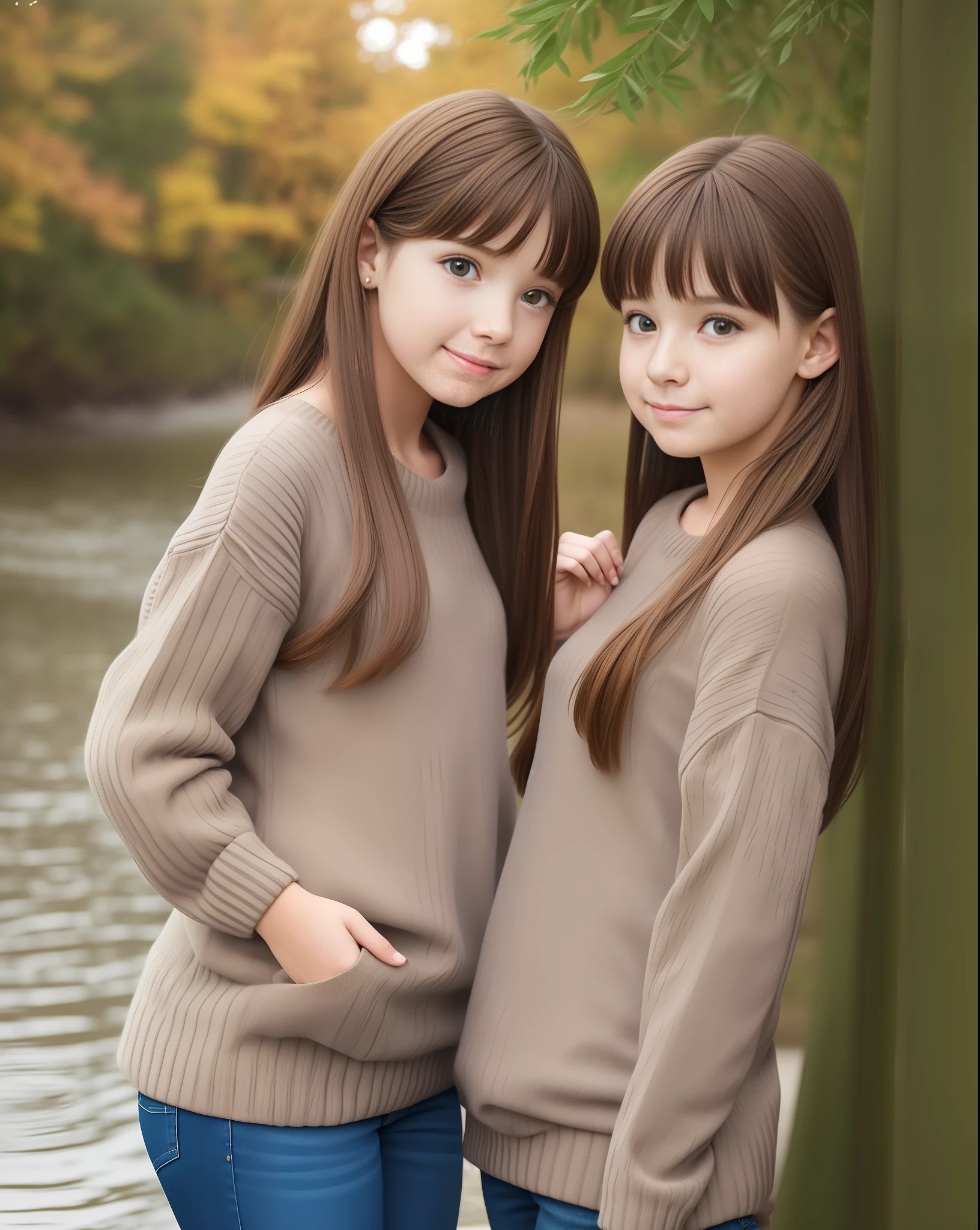 realistic photo of twins girls 20 yrs, wearing sweater, brown hair, standing at Riverside --auto --s2